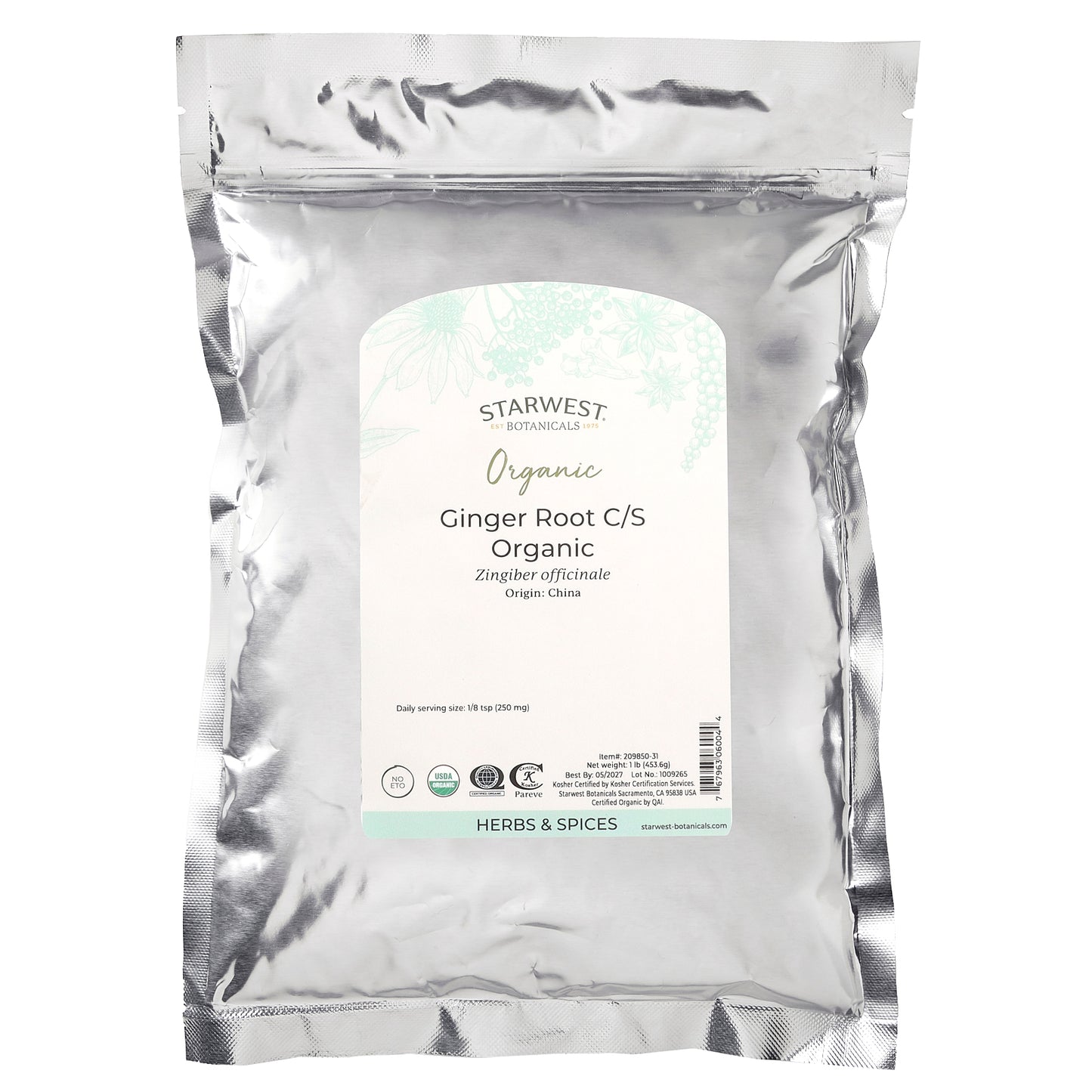Starwest Botanicals, Organic Ginger Root C/S, 1 lb (453.6 g)