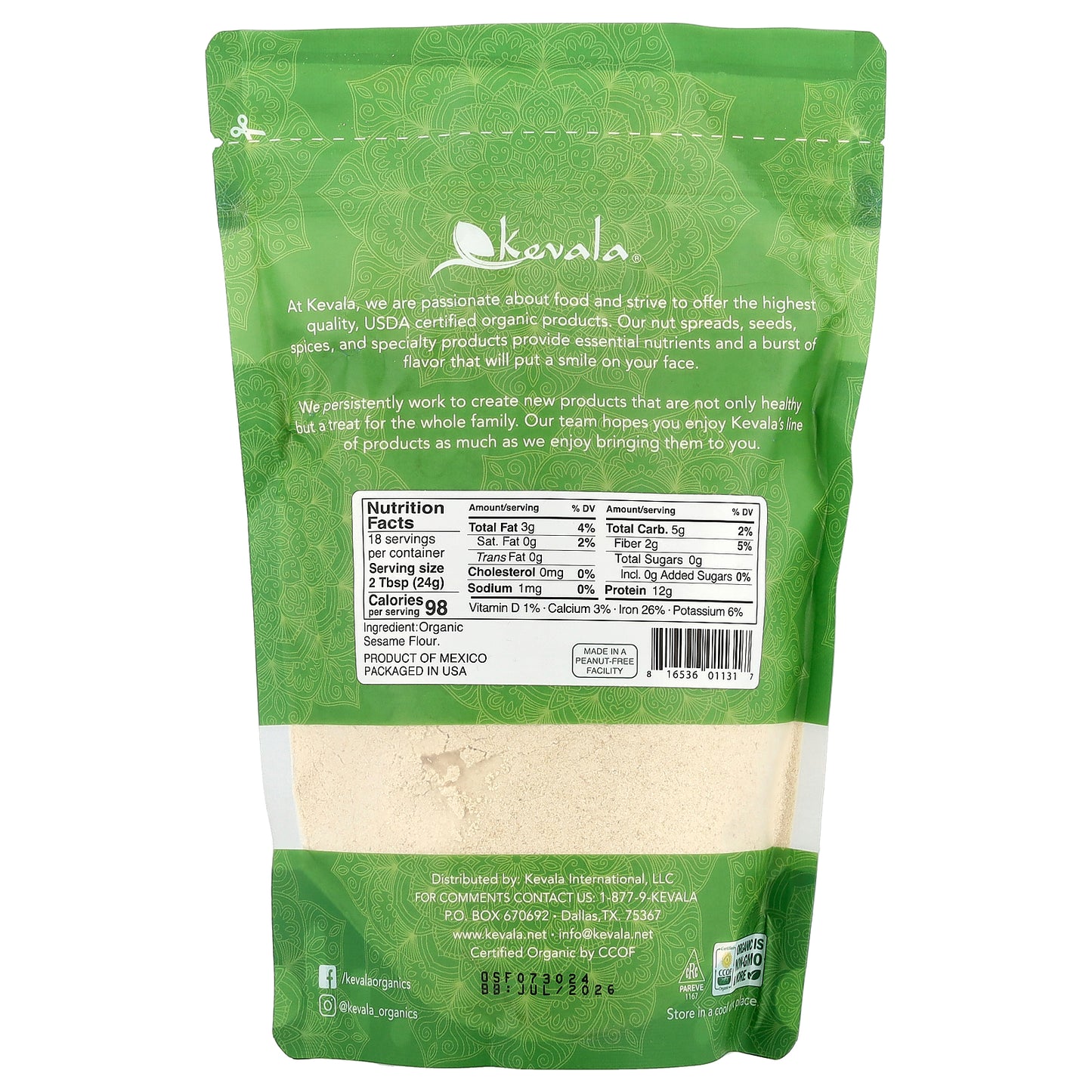 Kevala, Organic Sesame Flour, 16 oz (454 g)