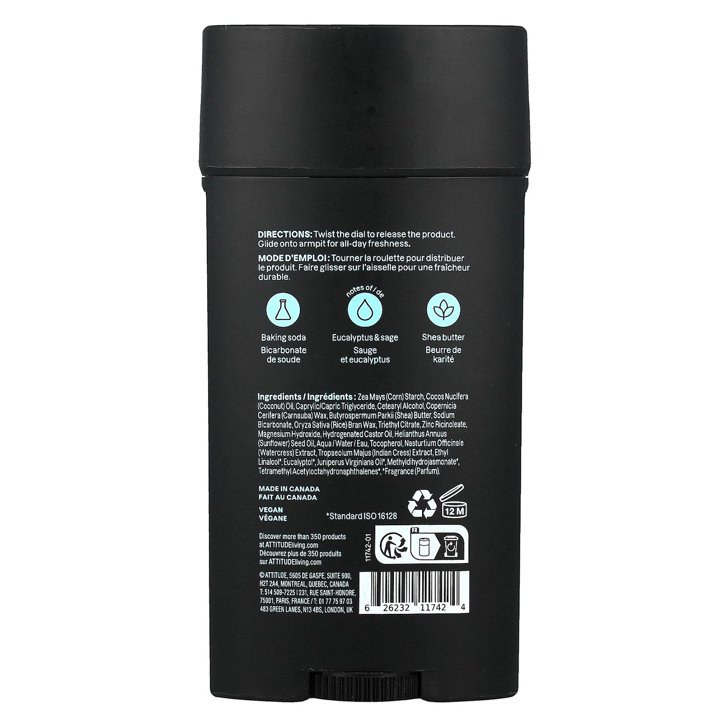 ATTITUDE, Super Leaves™, Aluminum-Free Deodorant, For Men, Eucalyptus & Sage, 2.64 oz (75 g)