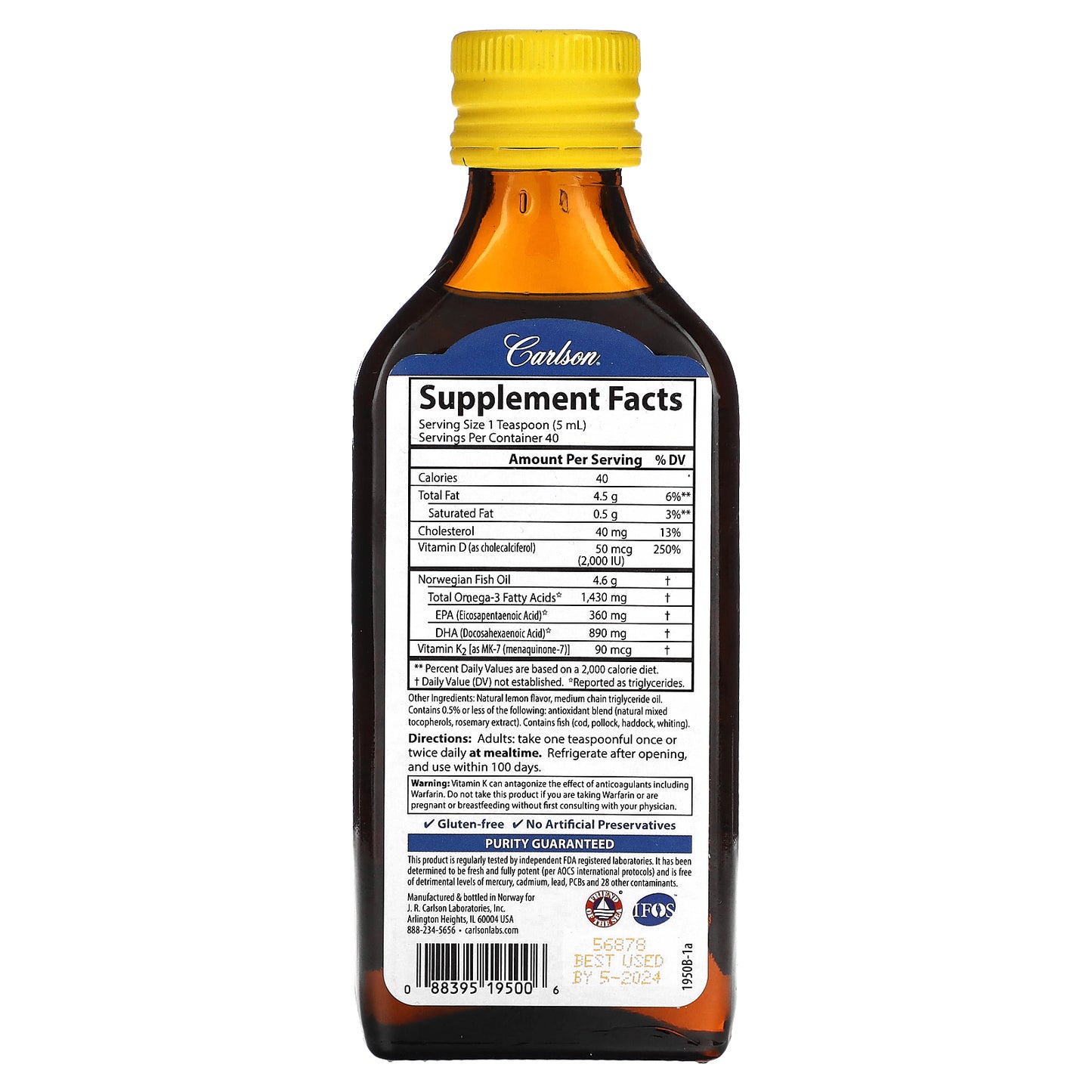 Carlson, Omega 3 Plus D & K, Natural Lemon, 1,430 mg , 6.7 fl oz (200 ml)