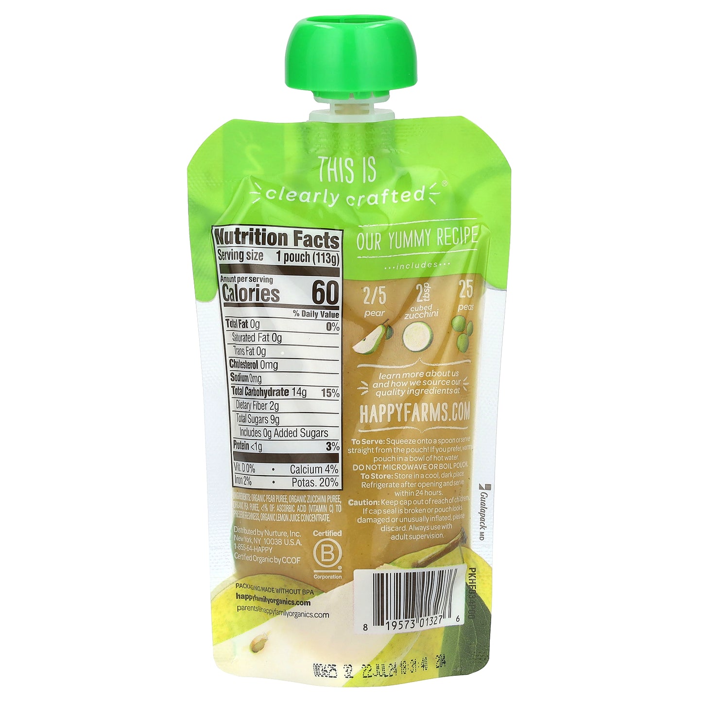 Happy Family Organics, Happy Baby®, Organic Baby Food, 6+ Months, Pears, Zucchini & Peas, 4 oz (113 g)