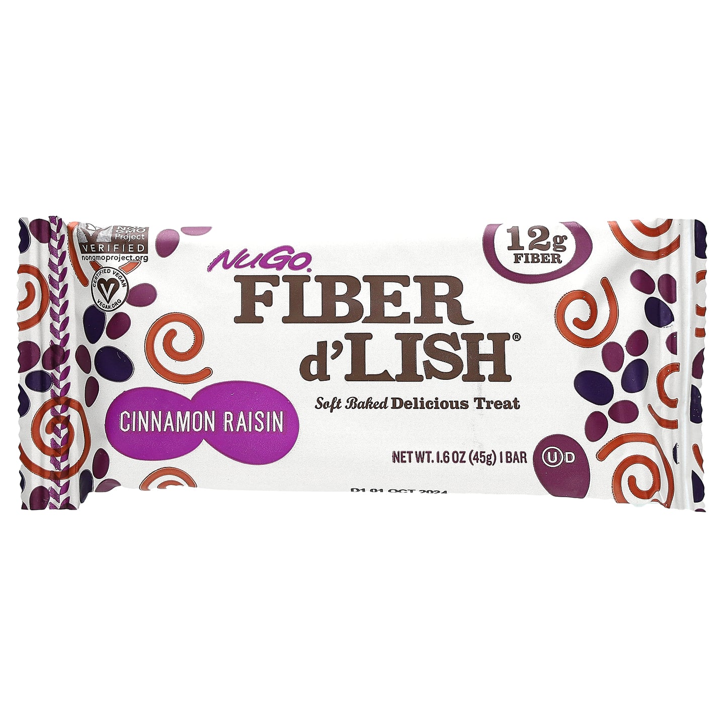 NuGo Nutrition, Fiber d'Lish, Cinnamon Raisin, 16 Bars, 1.6 oz (45 g) Each