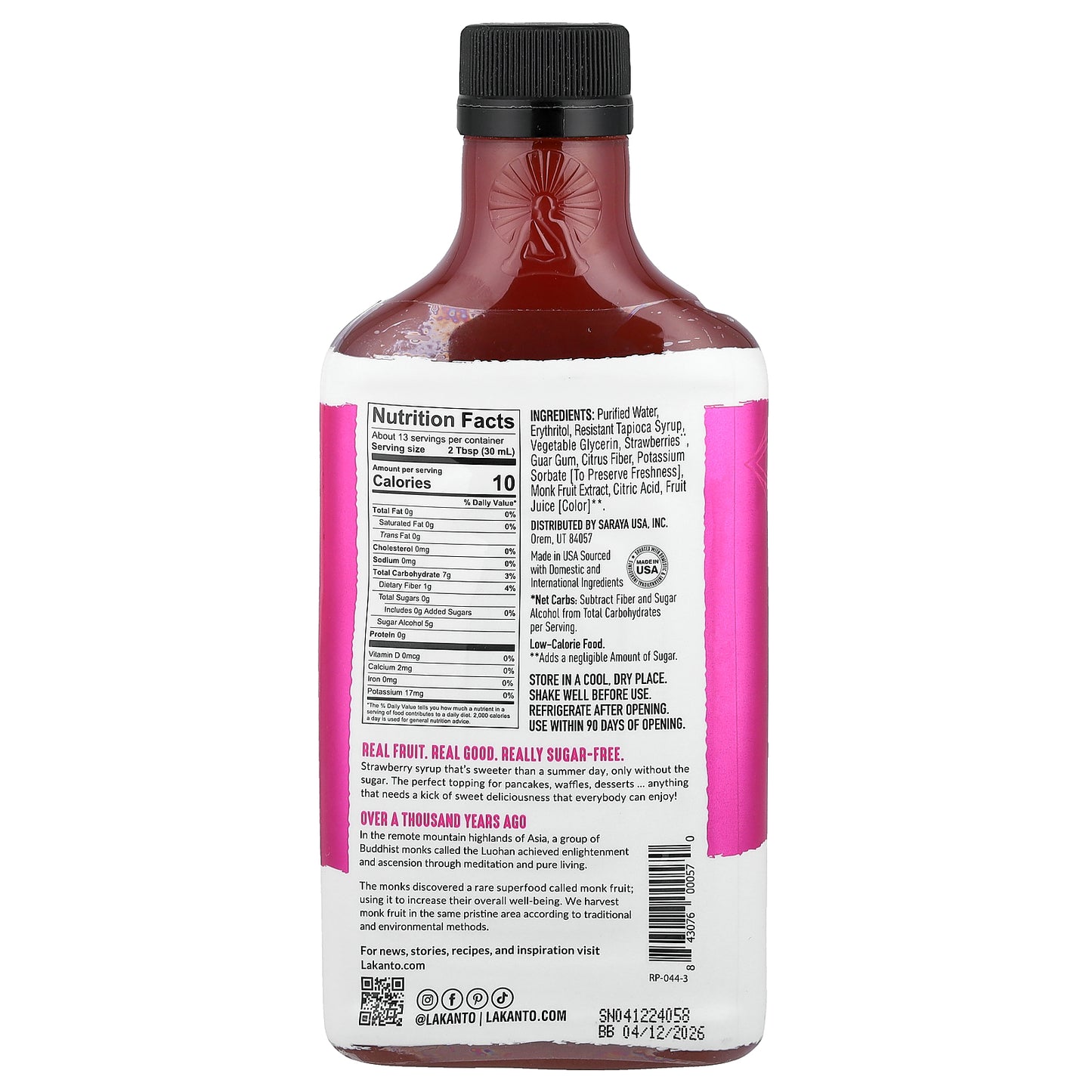 Lakanto, Strawberry Syrup, 13 fl oz (384 ml)