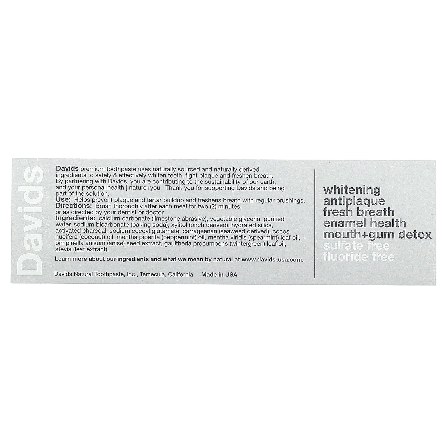 Davids, Premium Toothpaste, Whitening + Antiplaque, Natural Mint + Charcoal, 1.75 oz (50 g)