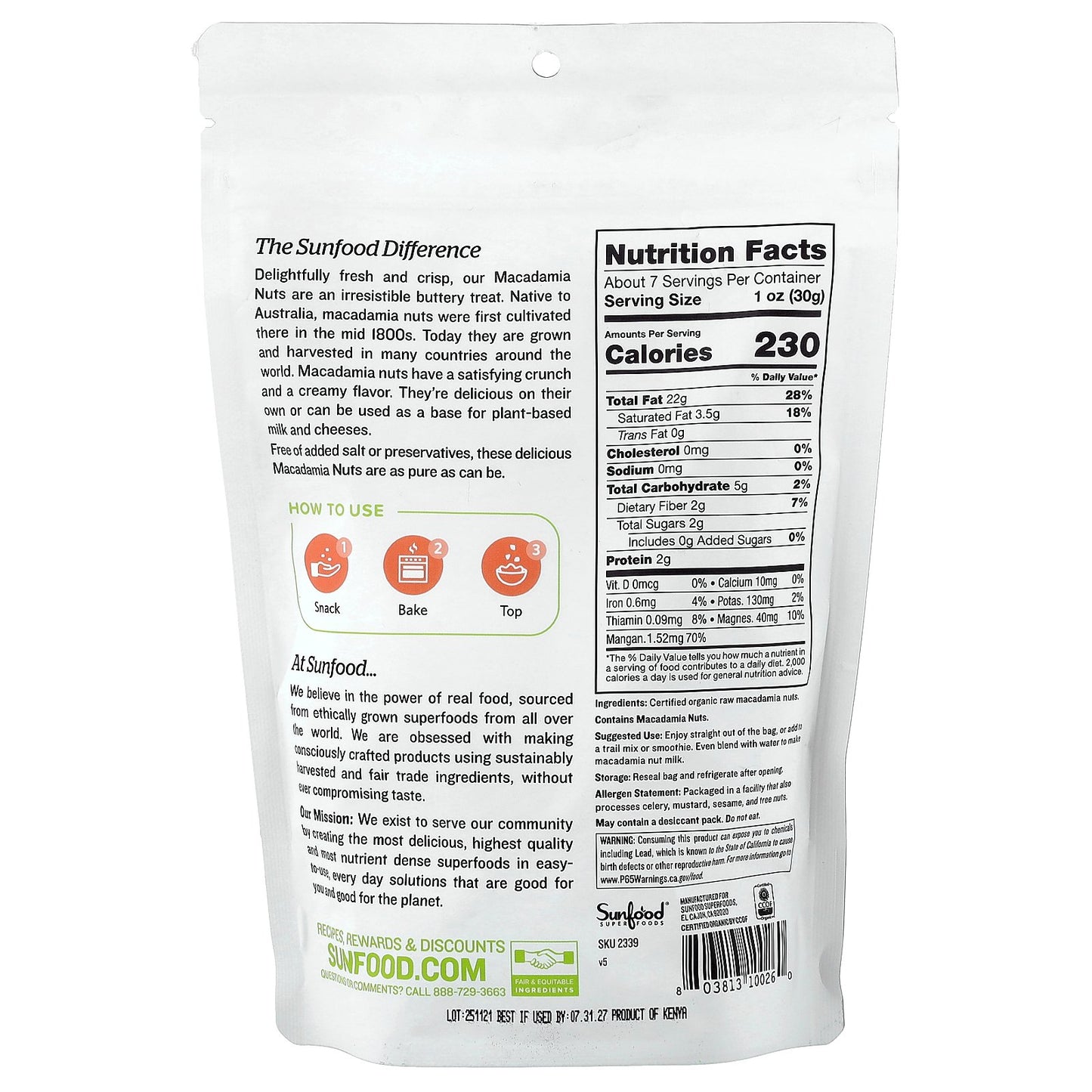 Sunfood, Raw Organic Macadamia Nuts, 8 oz (227 g)