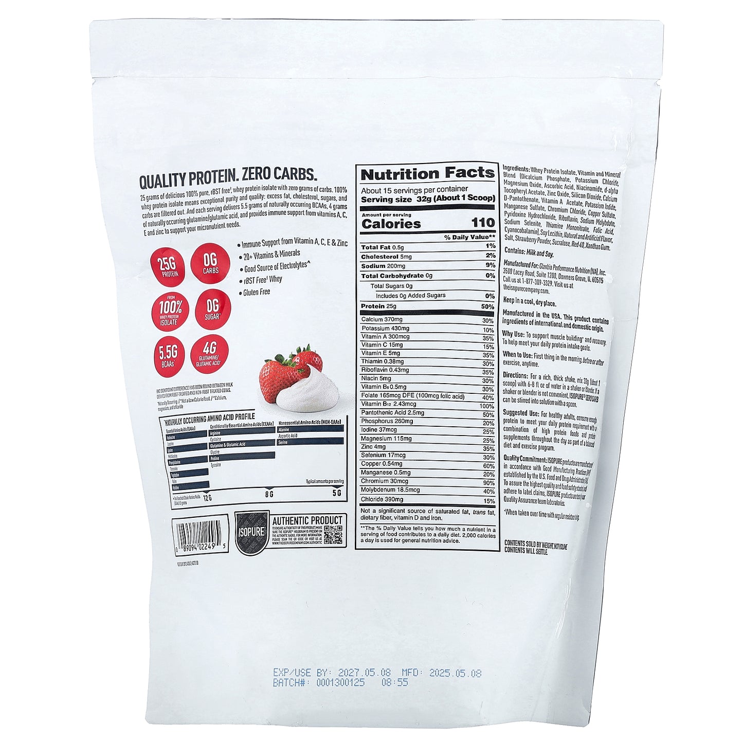 Isopure, Zero Carb Protein Powder, Strawberries & Cream, 1.06 lb (480 g)