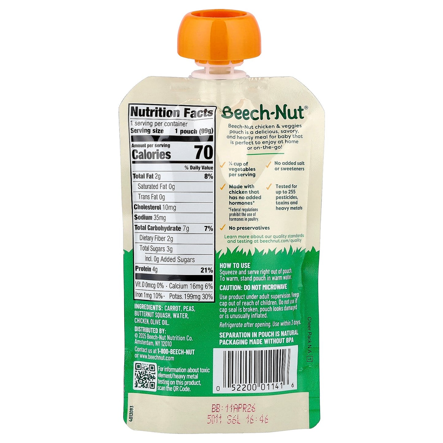 Beech-Nut, Chicken With Carrots, Peas & Butternut Squash, 6+ Months, 3.5 oz (99 g)