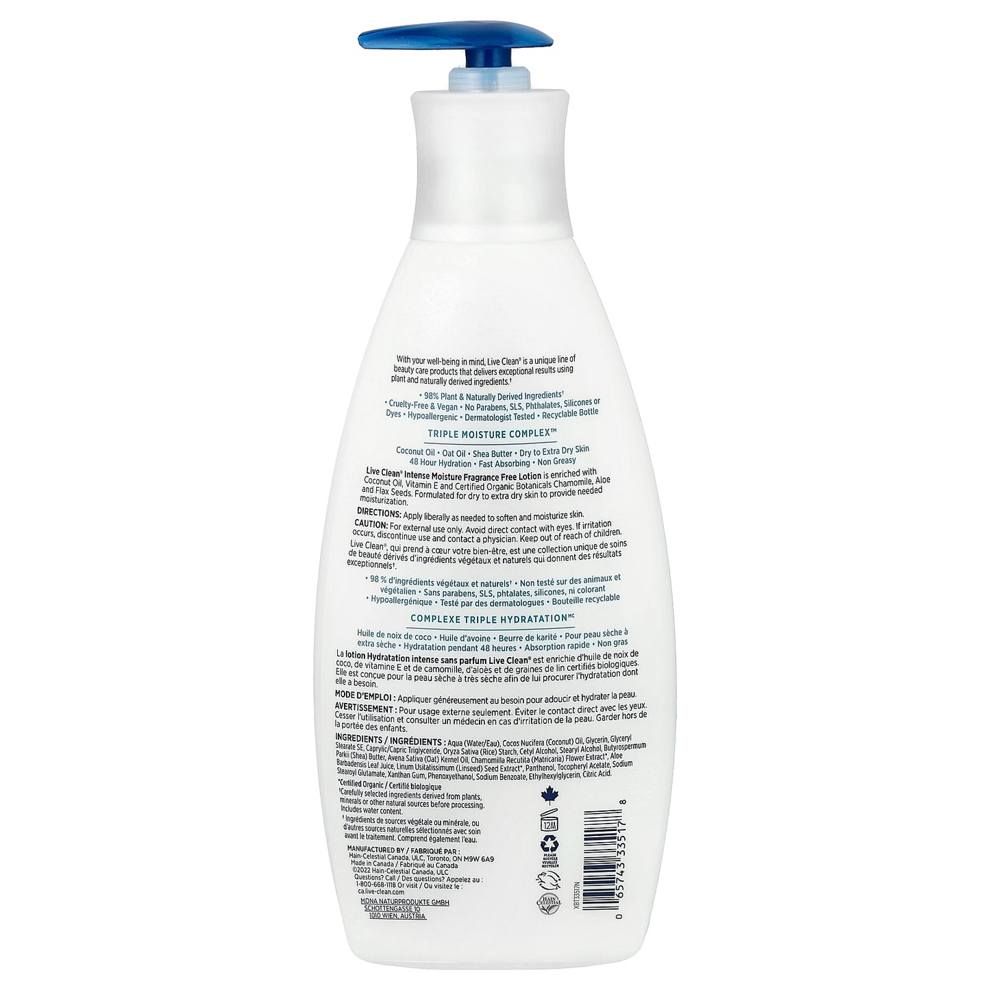 Live Clean, Intense Moisture Body Lotion, Fragrance Free, 18 fl oz (532 ml)