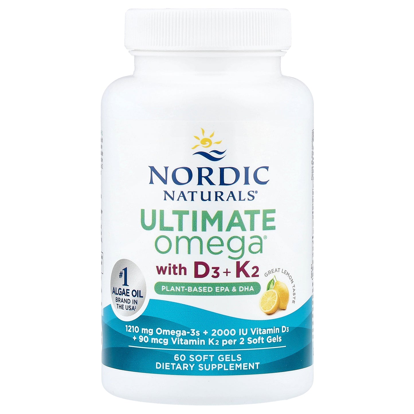Nordic Naturals, Ultimate Omega®, Plant-Based With D3 + K2, Lemon, 60 Soft Gels