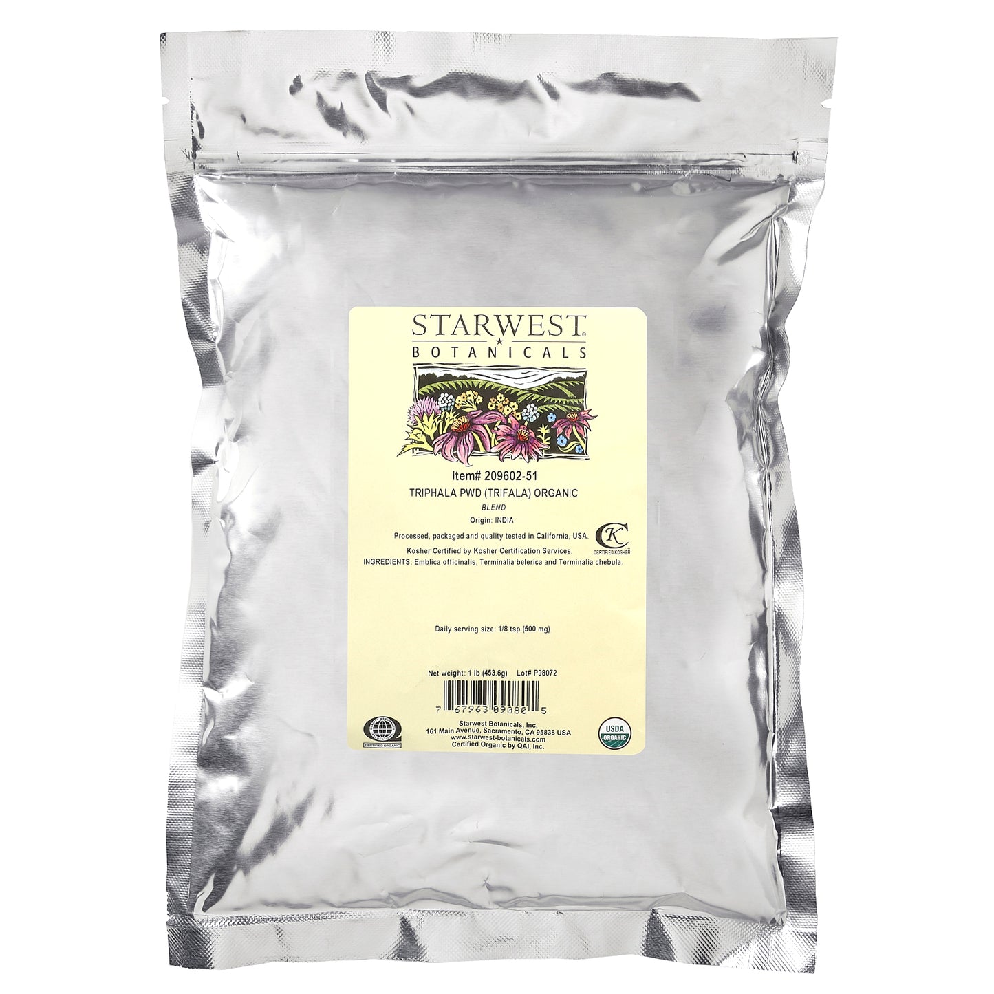 Starwest Botanicals, Organic Triphala PWD (Trifala) Blend, 1 lb (453.6 g)