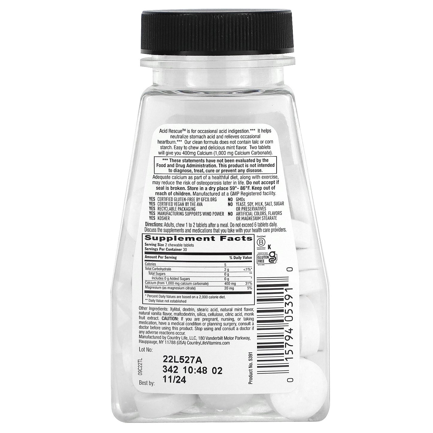 Country Life, Acid Rescue, Calcium Carbonate, Mint, 60 Chewable Tablets