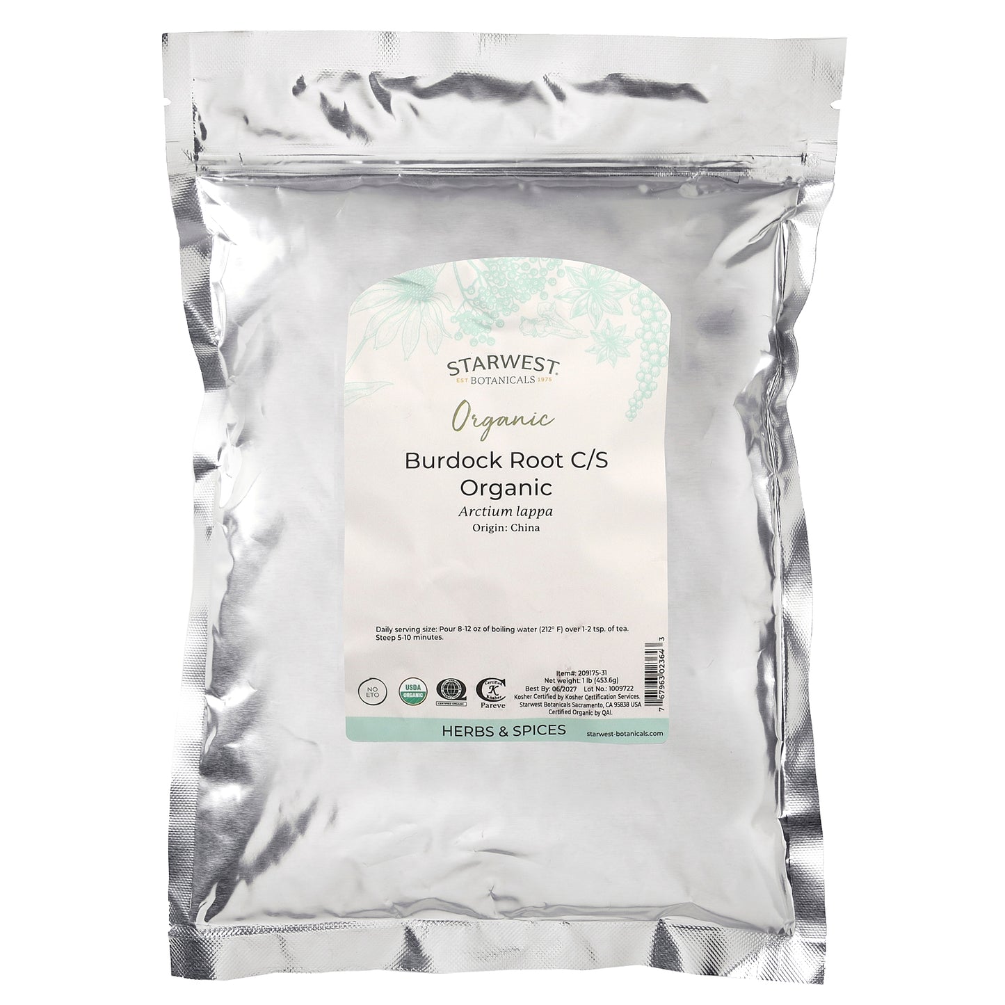 Starwest Botanicals, Organic Burdock Root C/S, 1 lb (453.6 g)