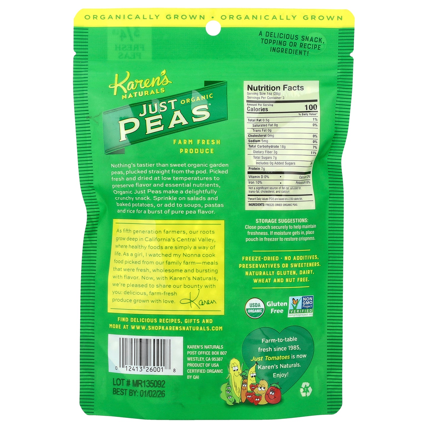 Karen's Naturals, Organic Just Peas®, 3 oz (84 g)