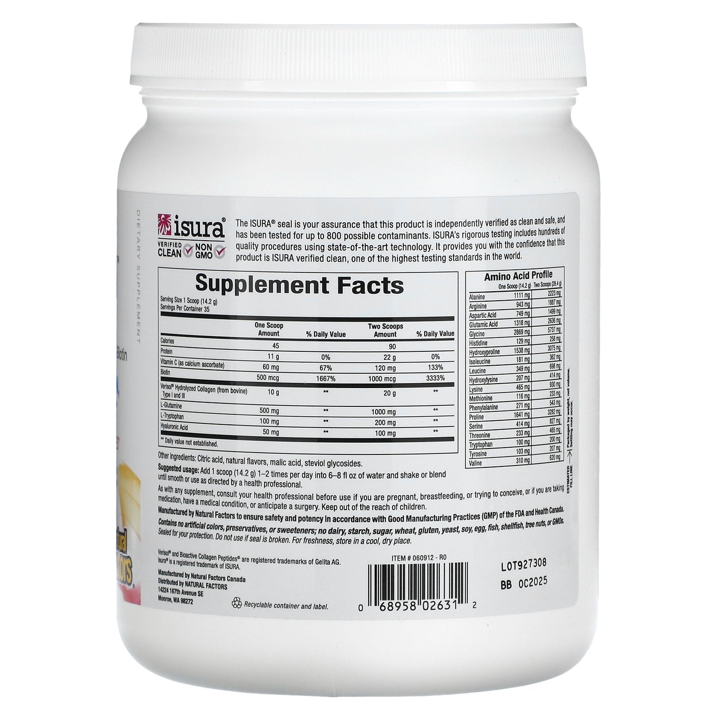 Natural Factors, Total Body Collagen, Bioactive Peptides, Orange, 1 lb 1 oz (500 g)