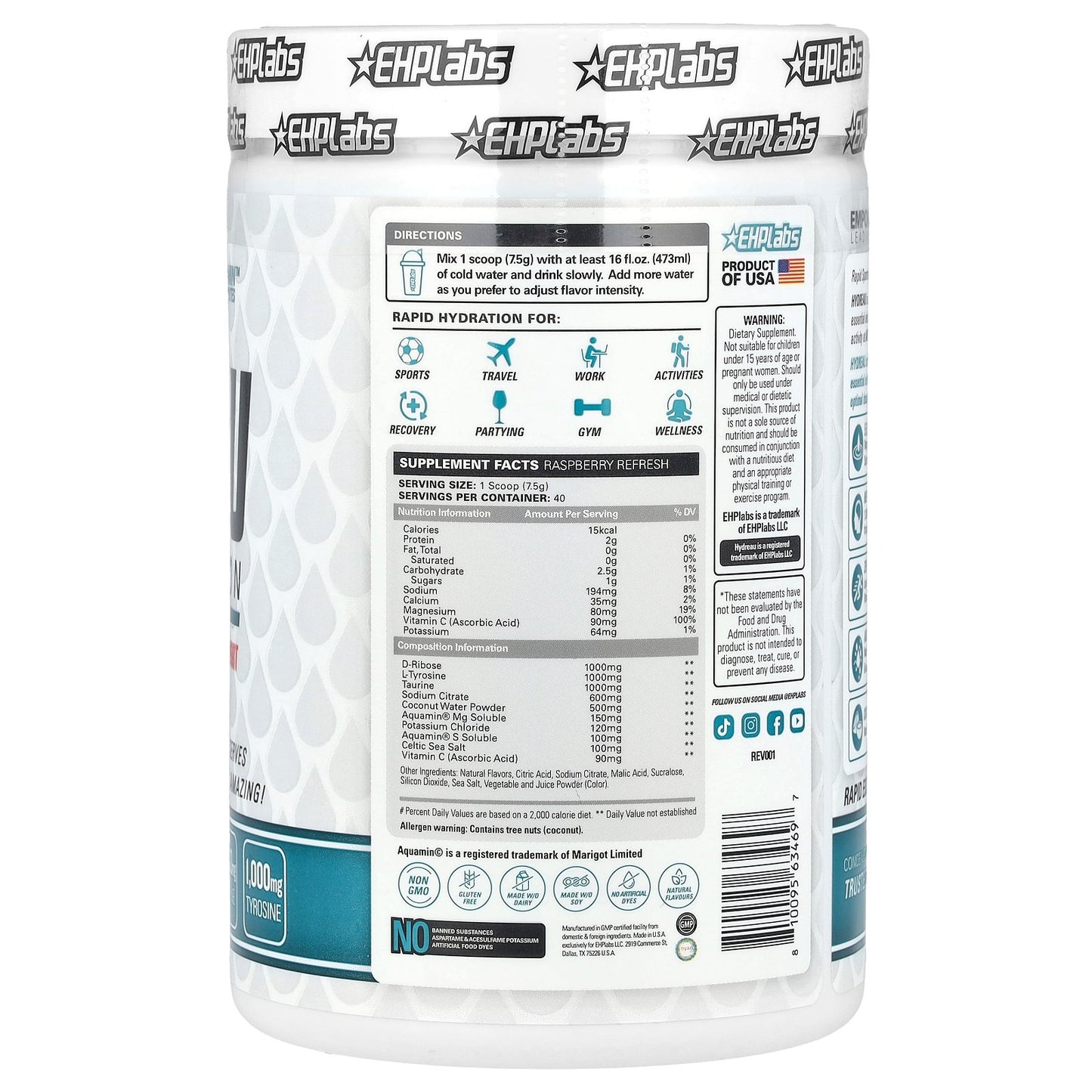 EHPlabs, Hydreau Sports Hydration, Raspberry Refresh, 10.58 oz (300 g)