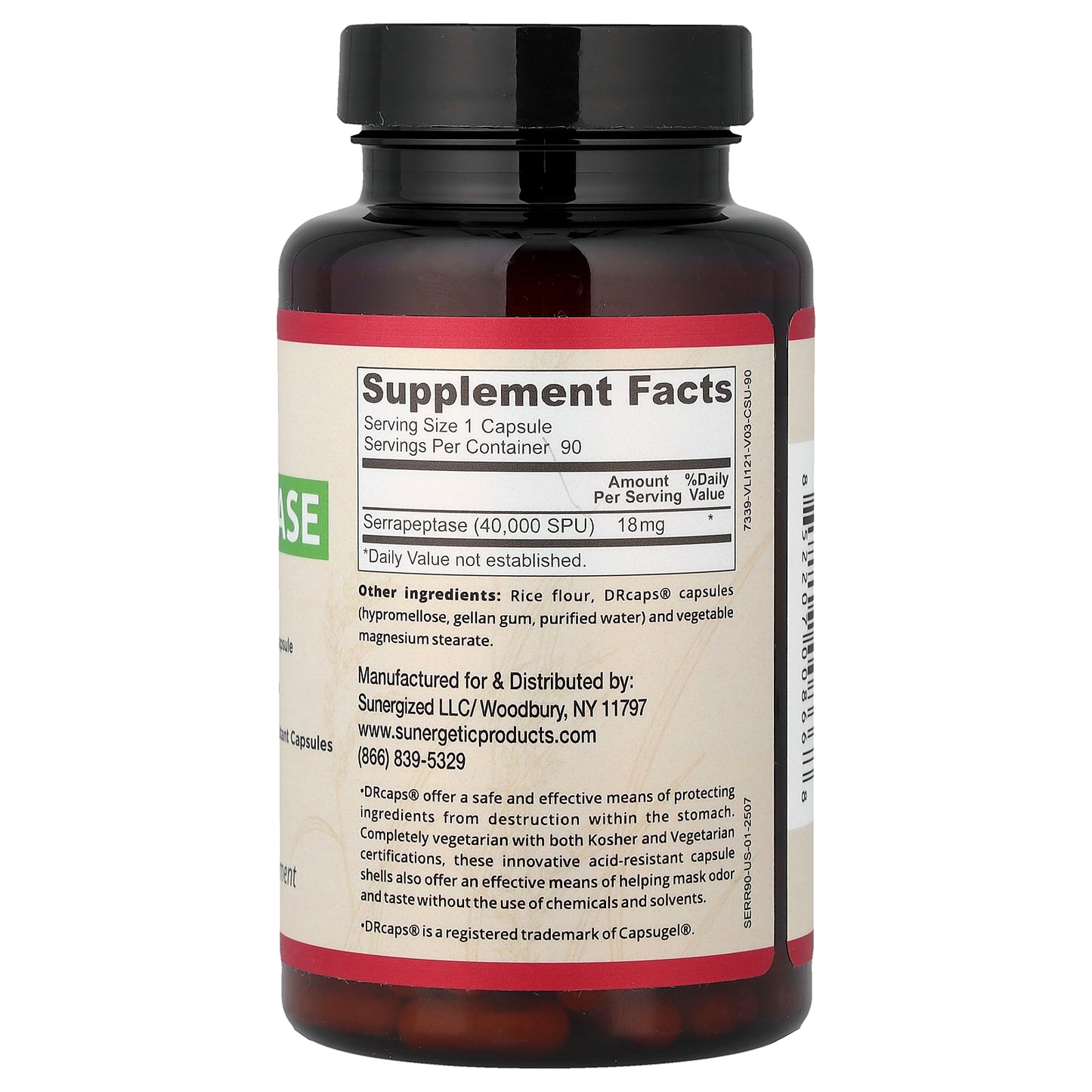 Sunergetic, Serrapeptase, 90 Capsules (18 mg per Capsule)