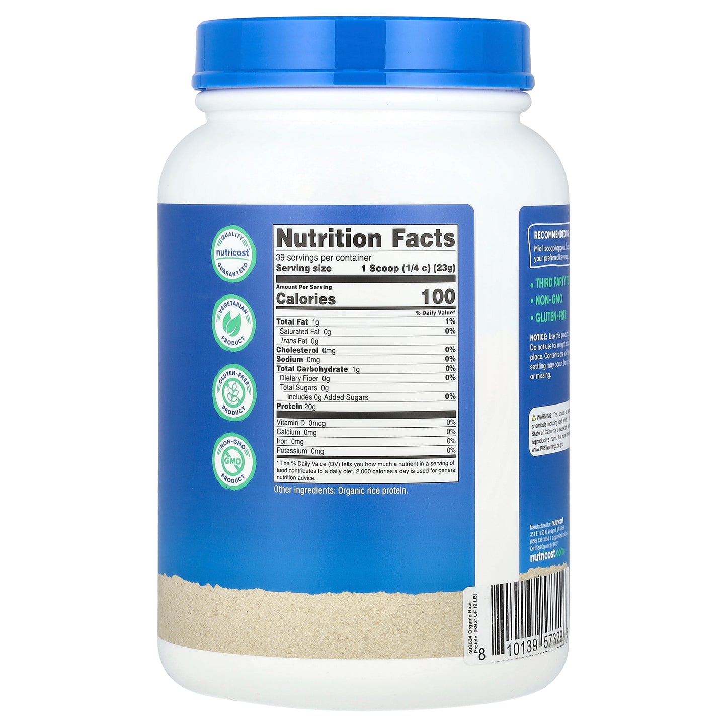 Nutricost, Organic Rice Protein Powder, Unflavored, 2 lb (907 g)