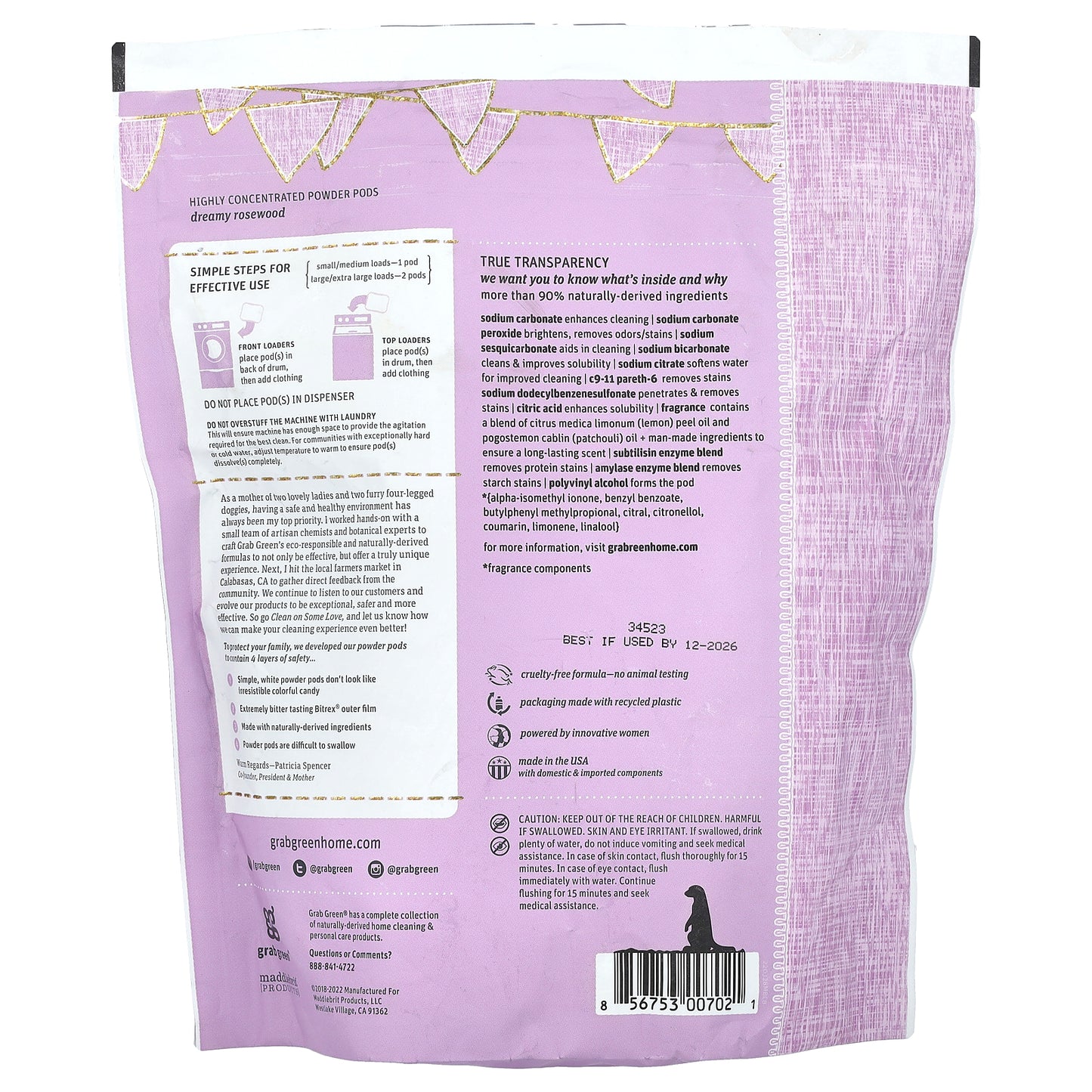 Grab Green, Baby, Laundry Detergent Pods, Dreamy Rosewood with Essential Oils, 5+ Months, 50 Loads, 1.76 lbs (800 g)