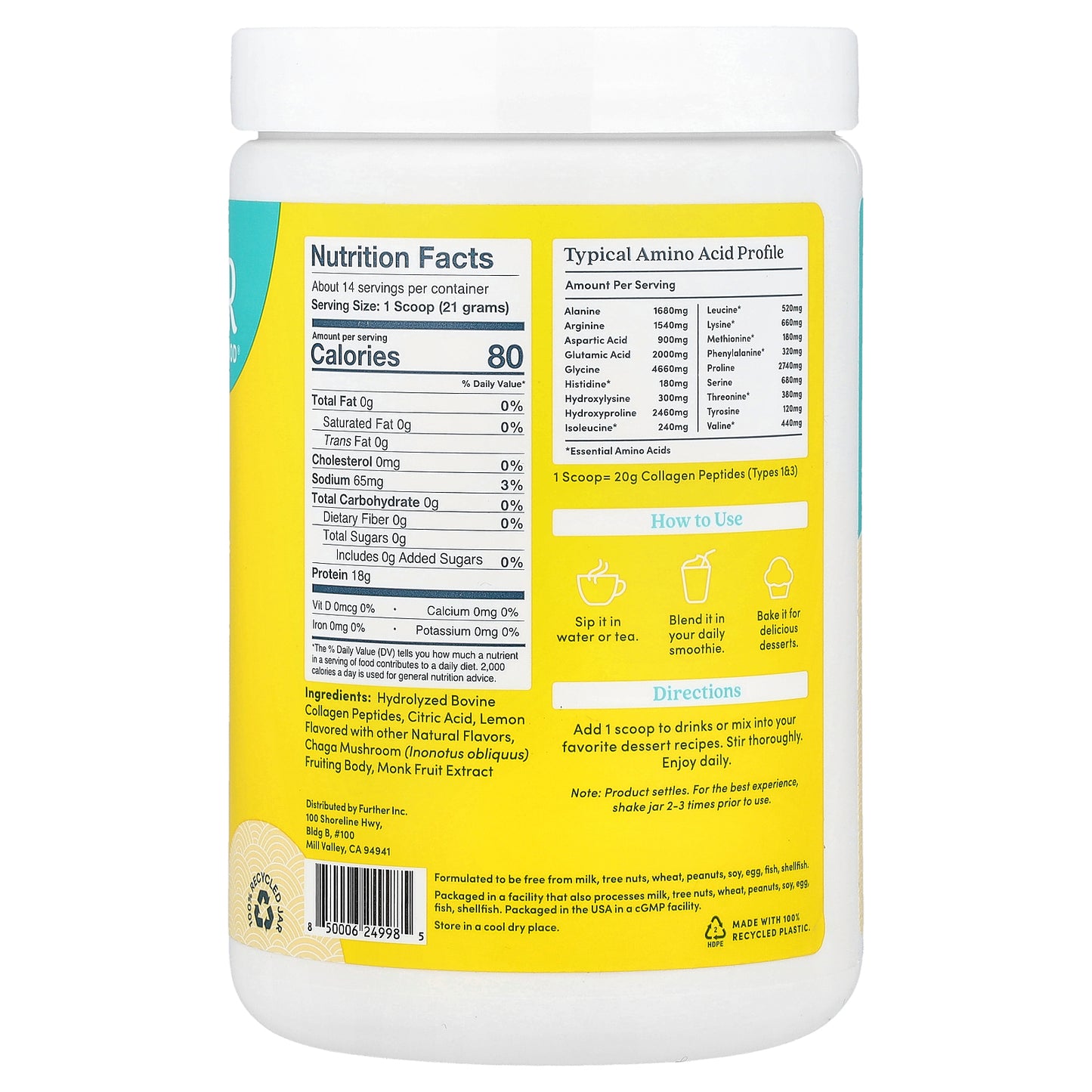 Further Food, Grass-Fed Collagen Peptides + Chaga Mushroom, Lemon, 10.5 oz (298 g)