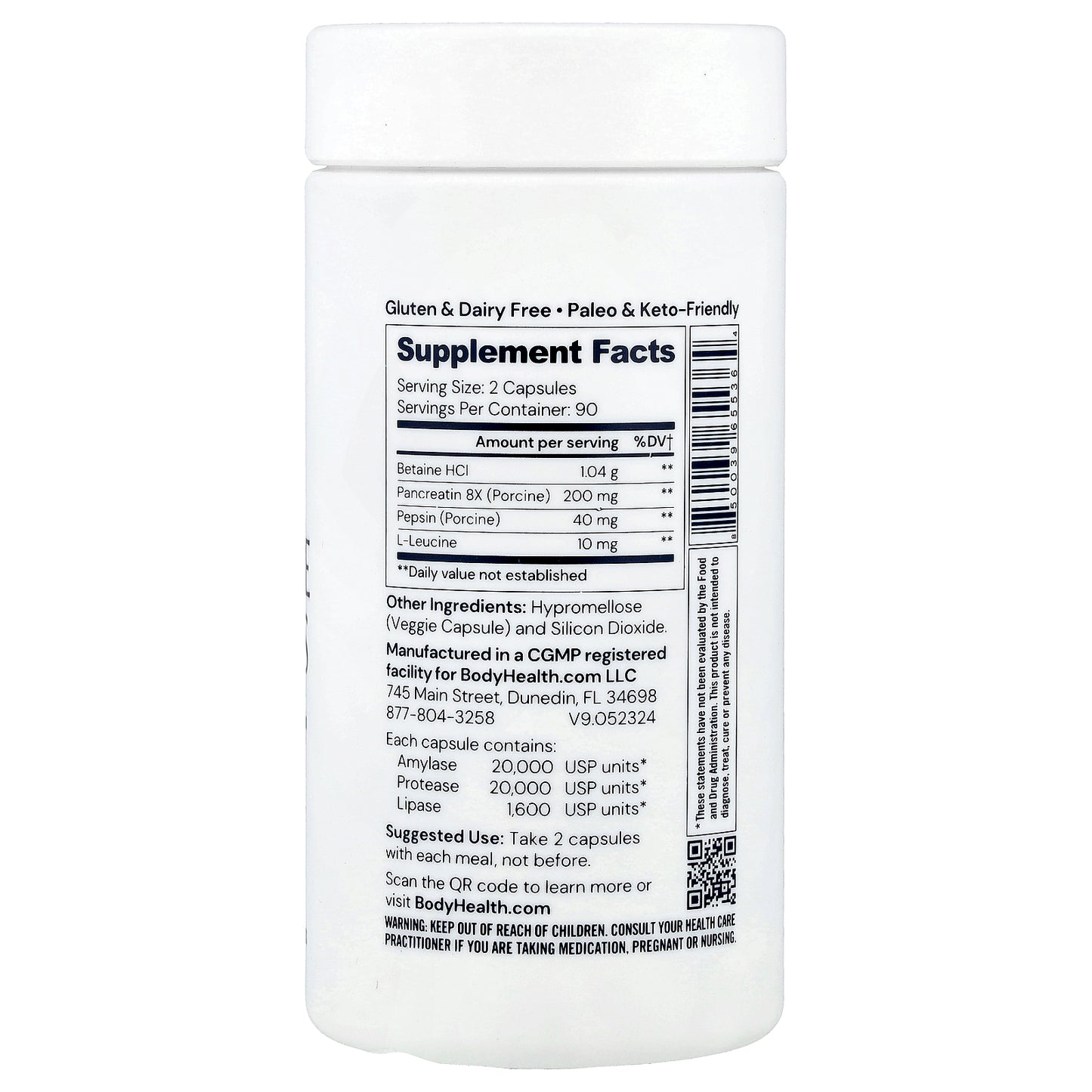 BodyHealth, Digestive Enzymes With Betaine, Pancreatin & Pepsin, 180 Capsules