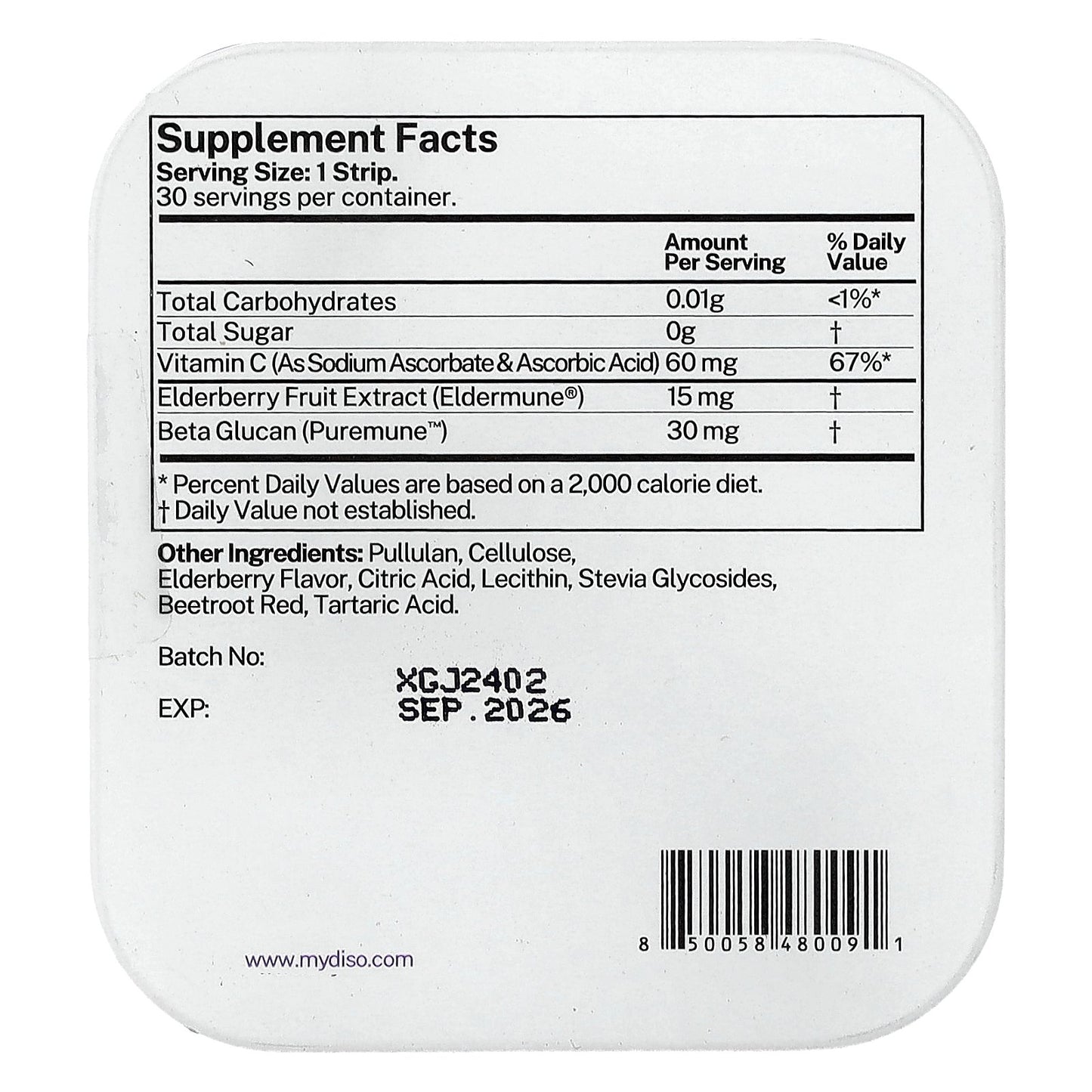 Diso, Vit C, Elderberry, 30 Oral Strips