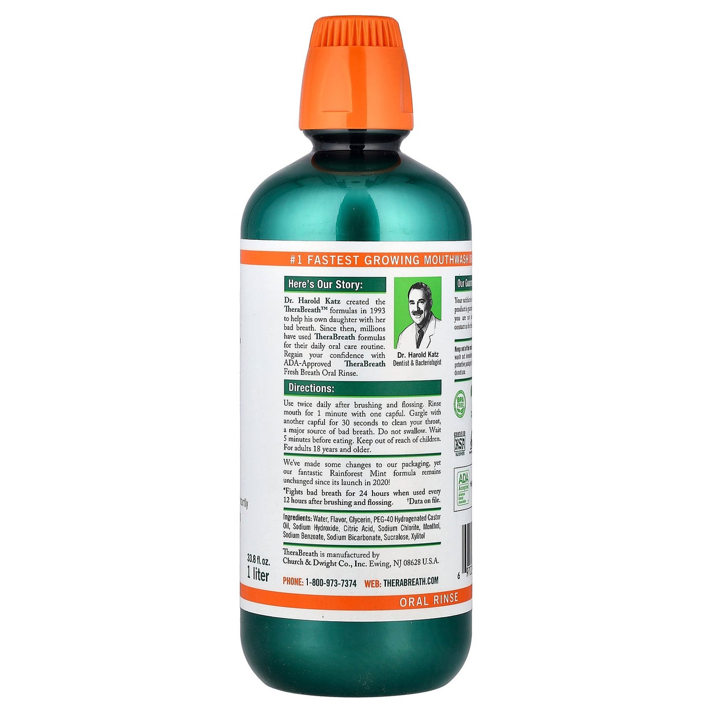 TheraBreath, Fresh Breath Oral Rinse, Rainforest Mint, 33.8 fl oz (1 l)