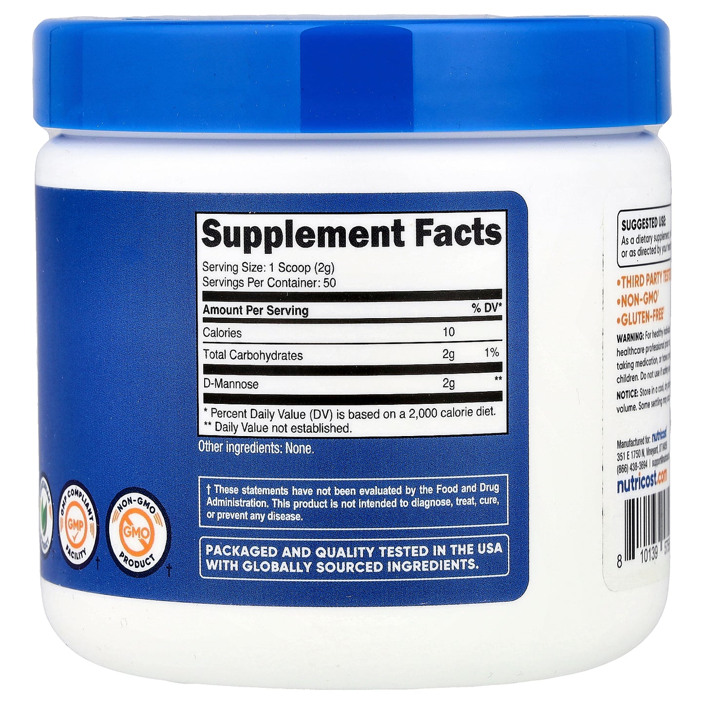 Nutricost, D-Mannose, Unflavored , 3.6 oz (100 g)