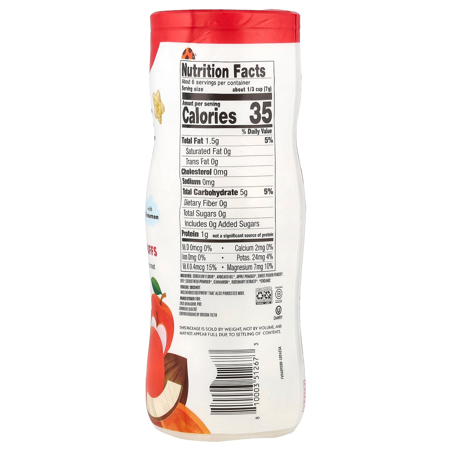 Once Upon A Farm, Organic Fruit & Veggie Puffs, Crawler, Apple, Sweet Potato & Coconut with Cinnamon, Unsweetened, 1.5 oz (42.5 g)
