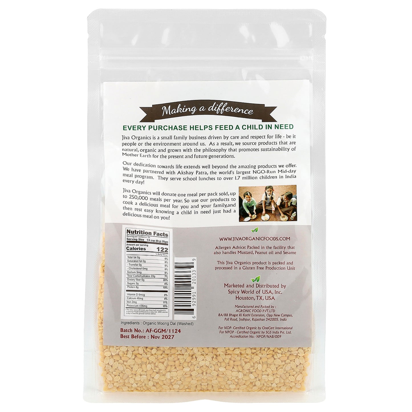 Jiva Organics, Organic Moong Dal, Washed , 2 lb (908 g)