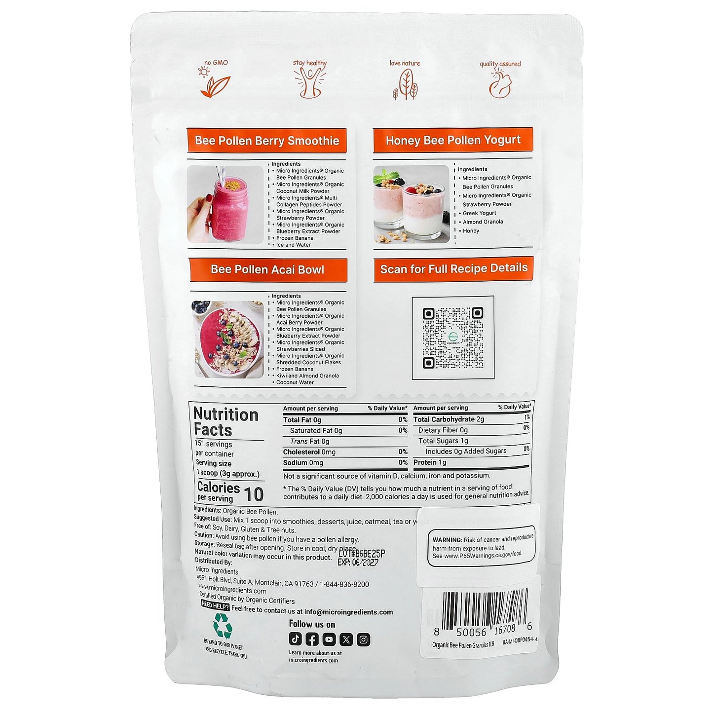 Micro Ingredients, Organic Bee Pollen, 1 lb (454 g)