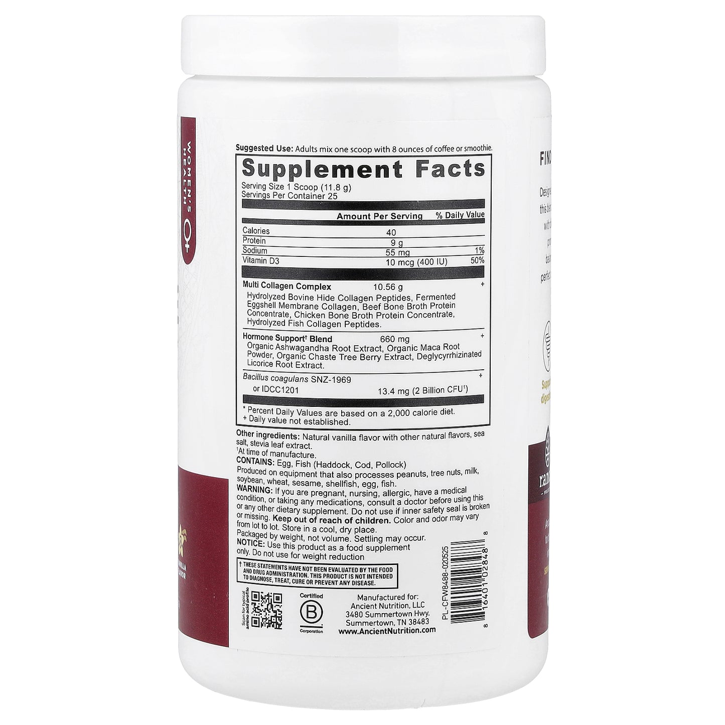 Ancient Nutrition, Hormone Balance + Collagen, Vanilla, 10.4 oz (293.9 g)