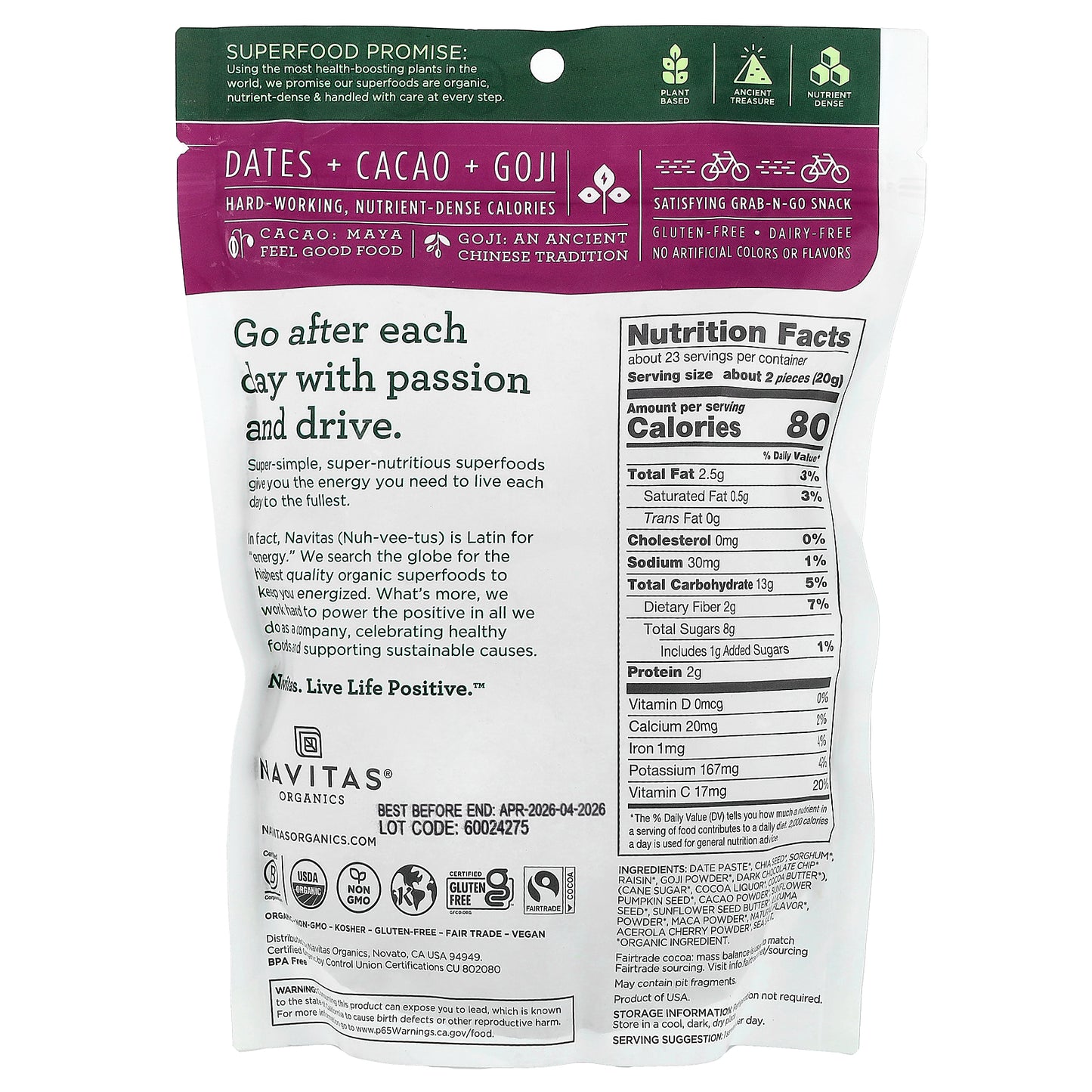 Navitas Organics, Organic Power Snacks, Cacao Goji, 16 oz (454 g)