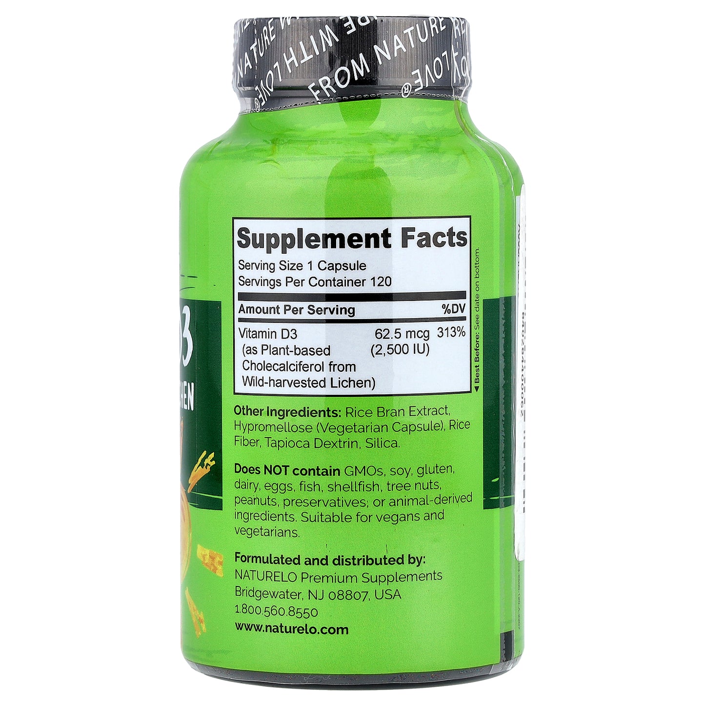 NATURELO, Vitamin D3, 62.5 mcg (2,500 IU), 120 Easy Swallow Capsules