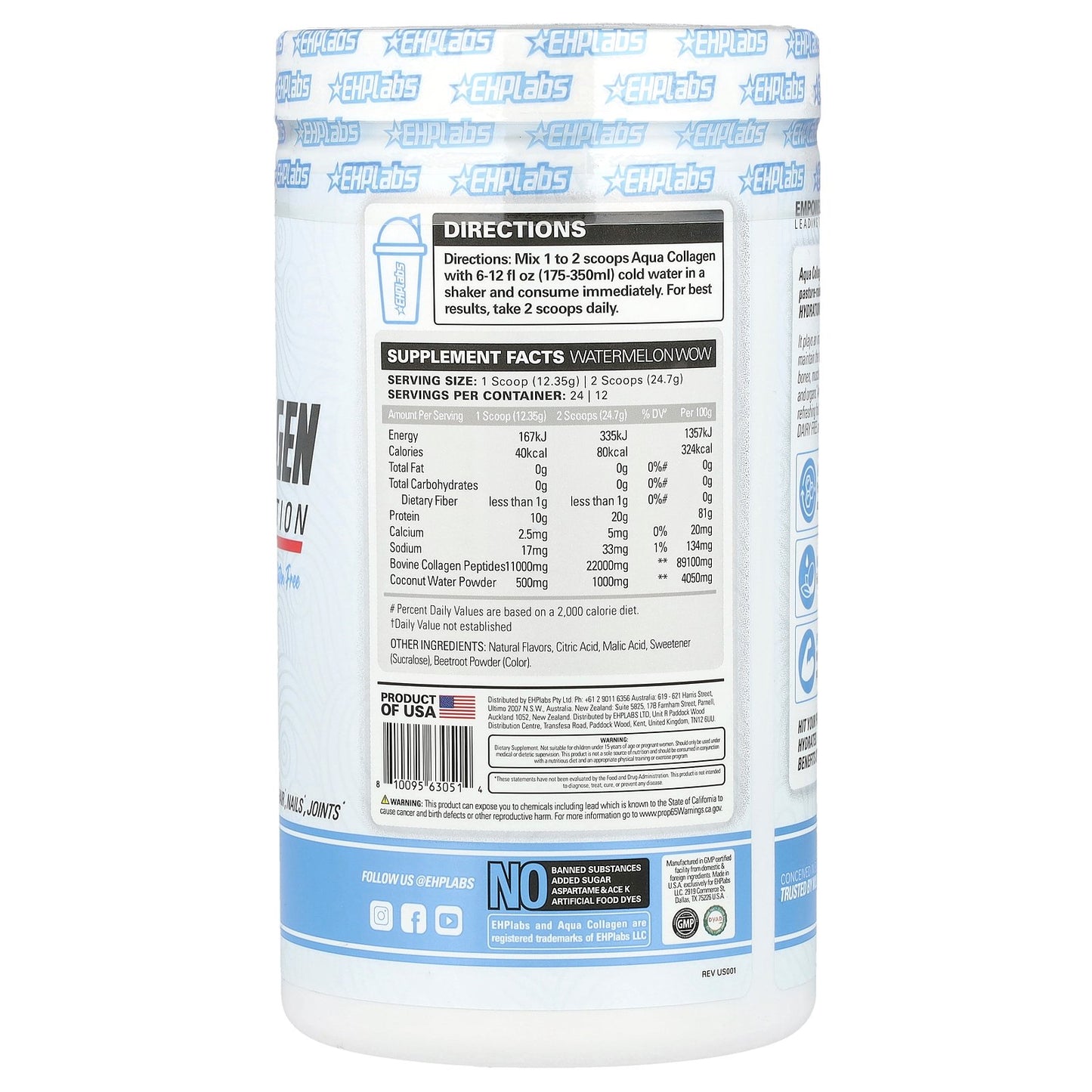 EHPlabs, Aqua Collagen, Protein + Hydration, Watermelon Wow, 10.4 oz (296 g)