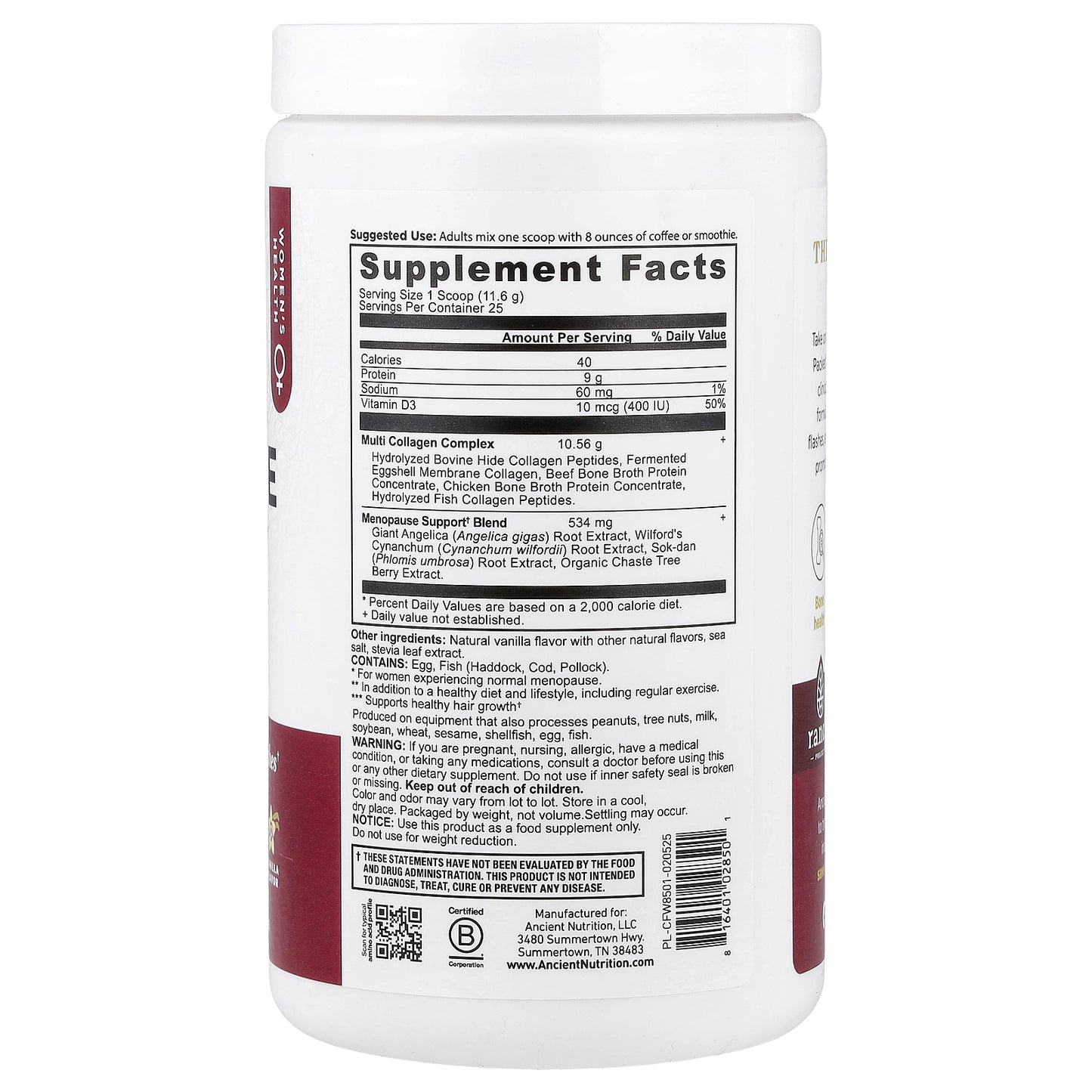 Ancient Nutrition, Menopause Support + Collagen, Vanilla, 10.2 oz (289.9 g)