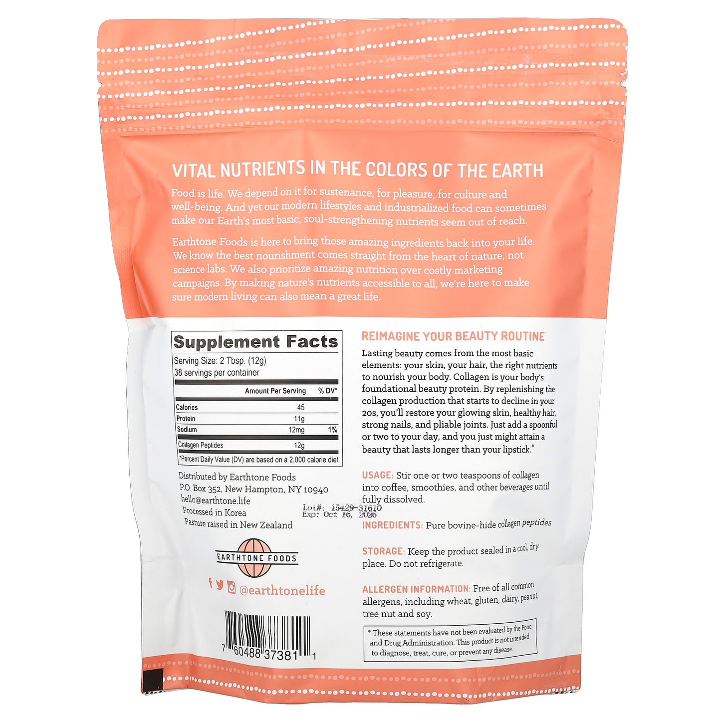 Earthtone Foods, Grass-Fed Collagen Peptides, 16 oz (454 g)