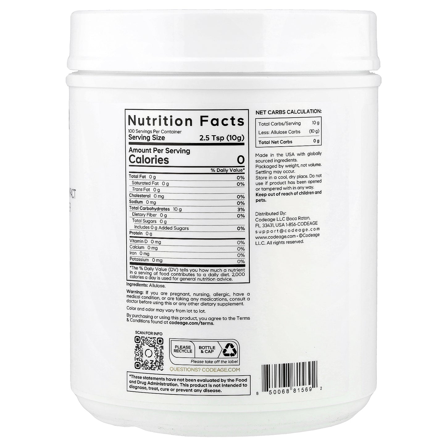 Codeage, Miracle Sugar Allulose Powder, Unflavored, 35.27 oz (1 kg)