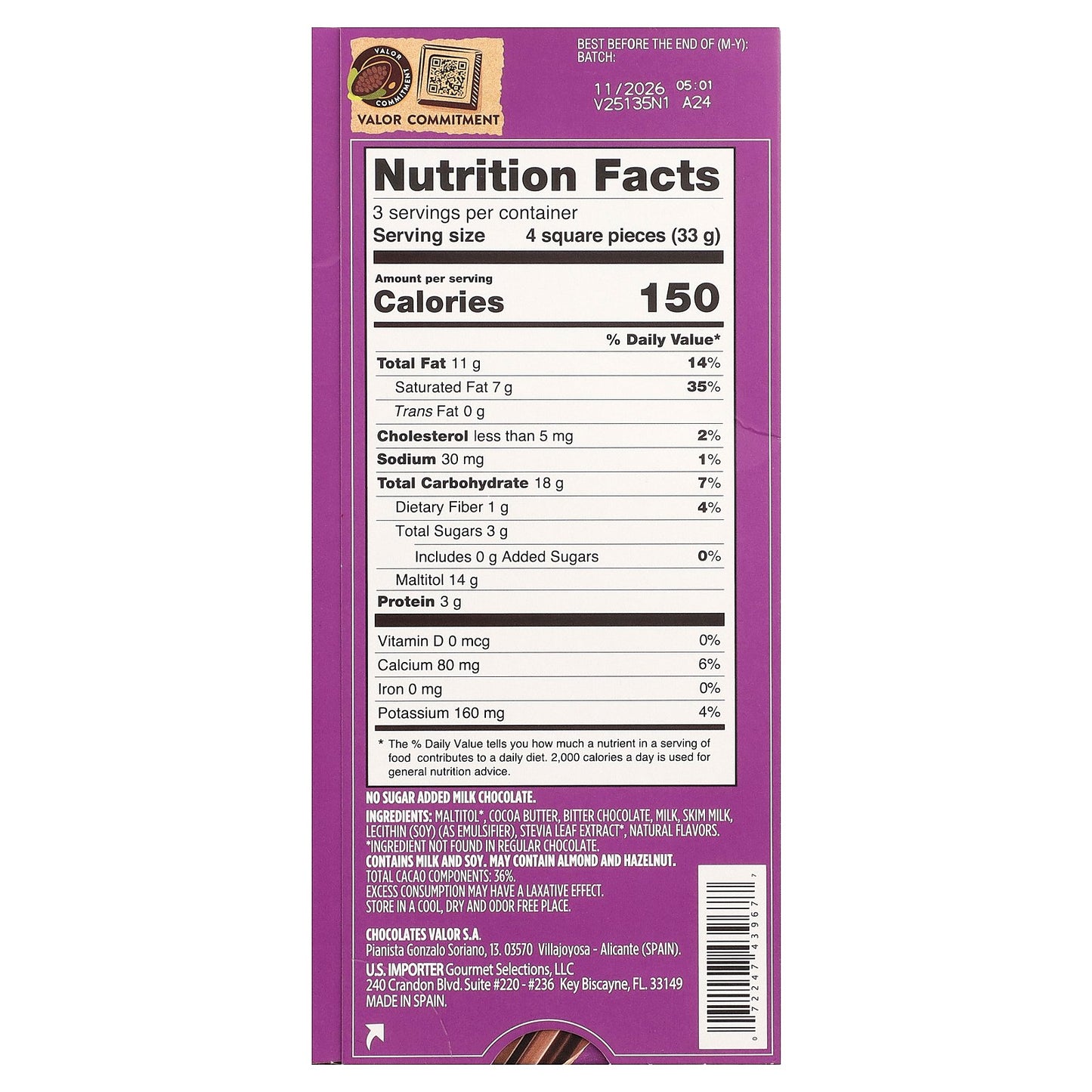 Valor, Milk Chocolate, 0% Sugar Added, 3.5 oz (100 g)