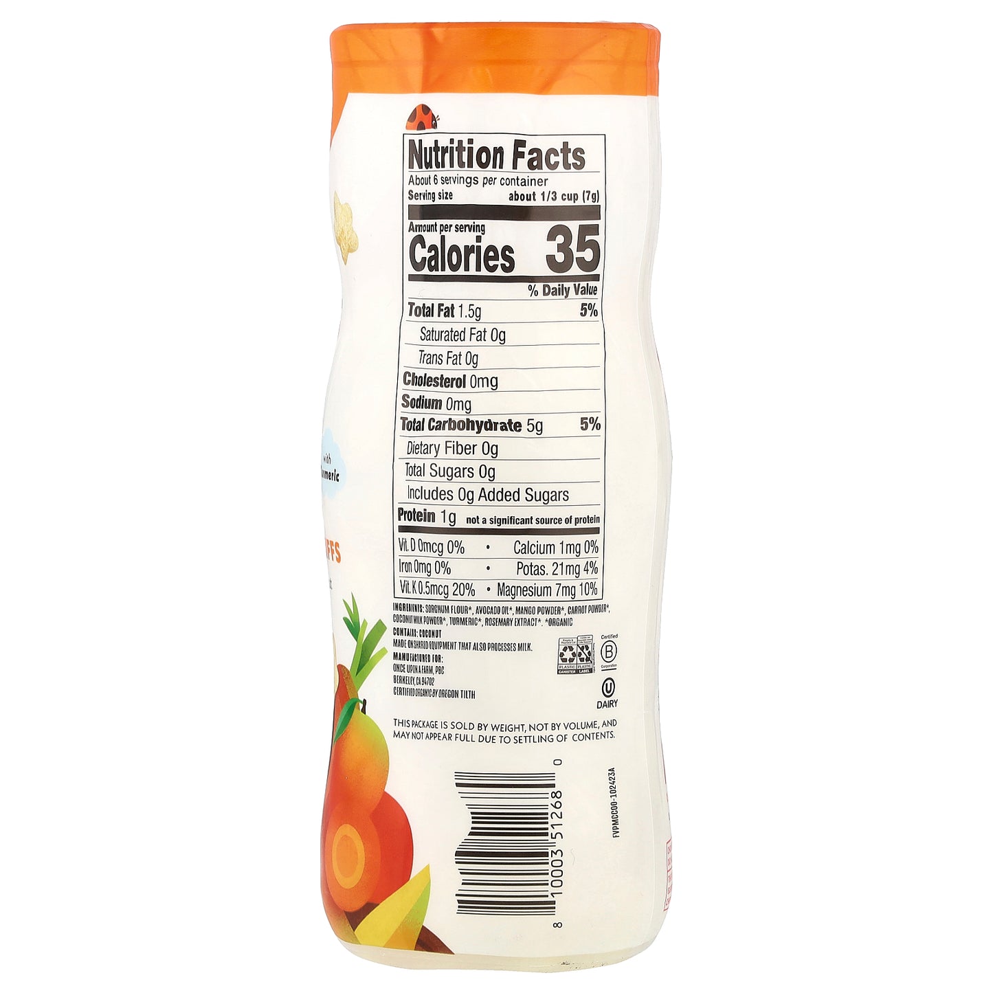 Once Upon A Farm, Organic Fruit & Veggie Puffs, Crawler, Mango, Carrot & Coconut with Turmeric, Unsweetened, 1.5 oz (42.5 g)