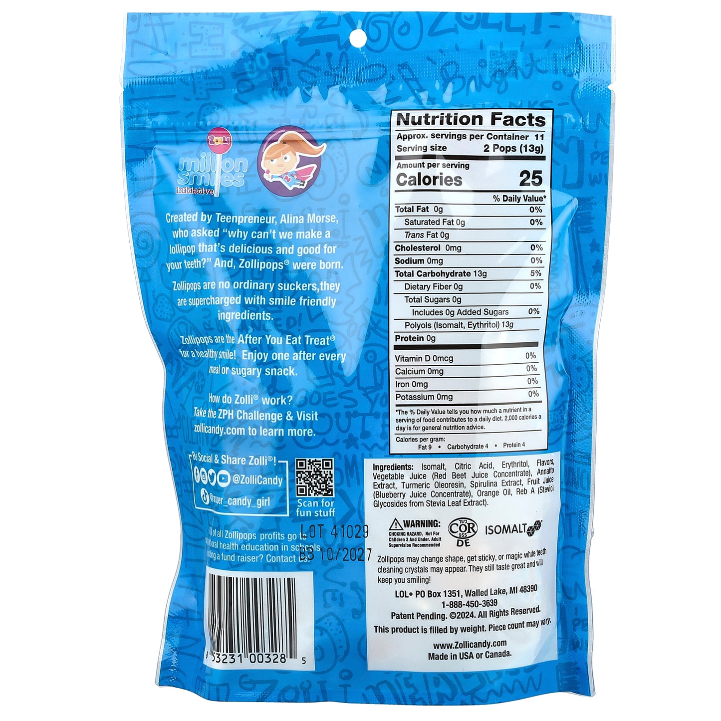 Zollipops, The Clean Teeth Pops®, Delicious Fruit , Approx. 23-25 Pops, 5.2 oz (142 g)