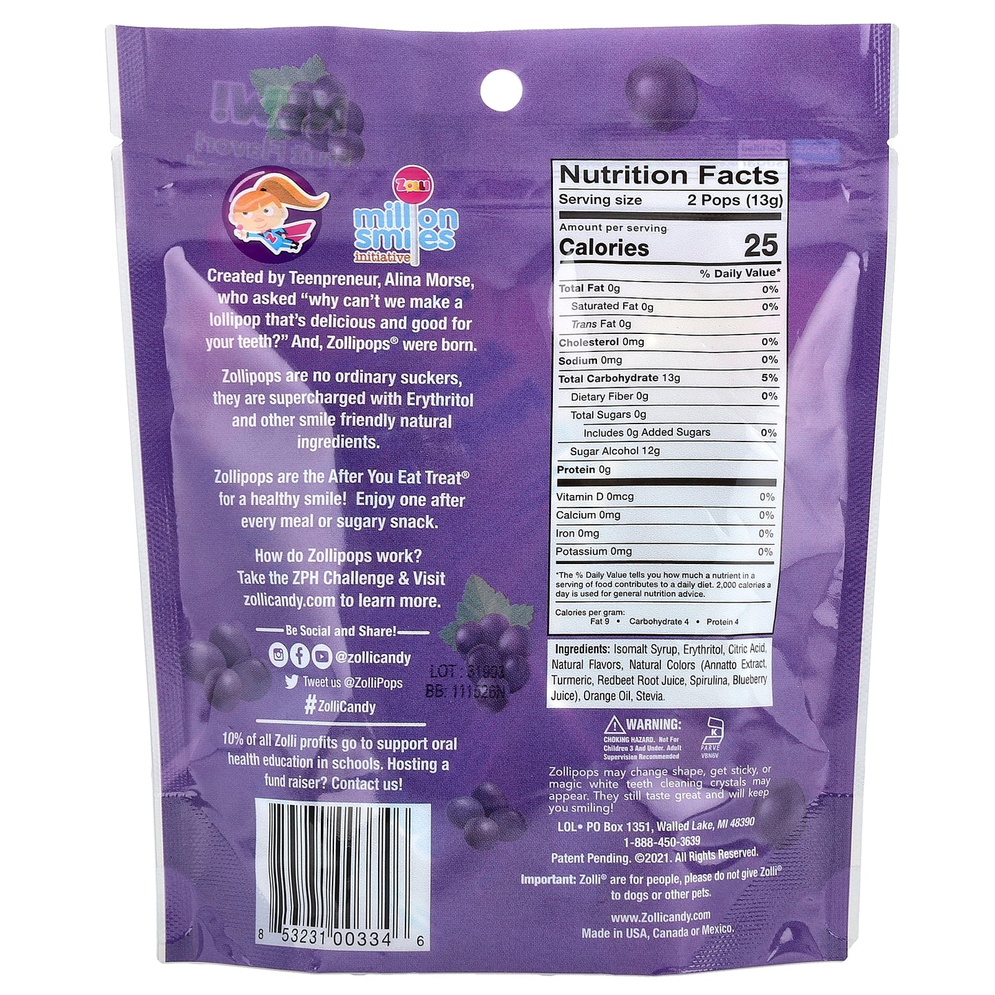 Zollipops, The Clean Teeth Pops®, Grape, 3.1 oz