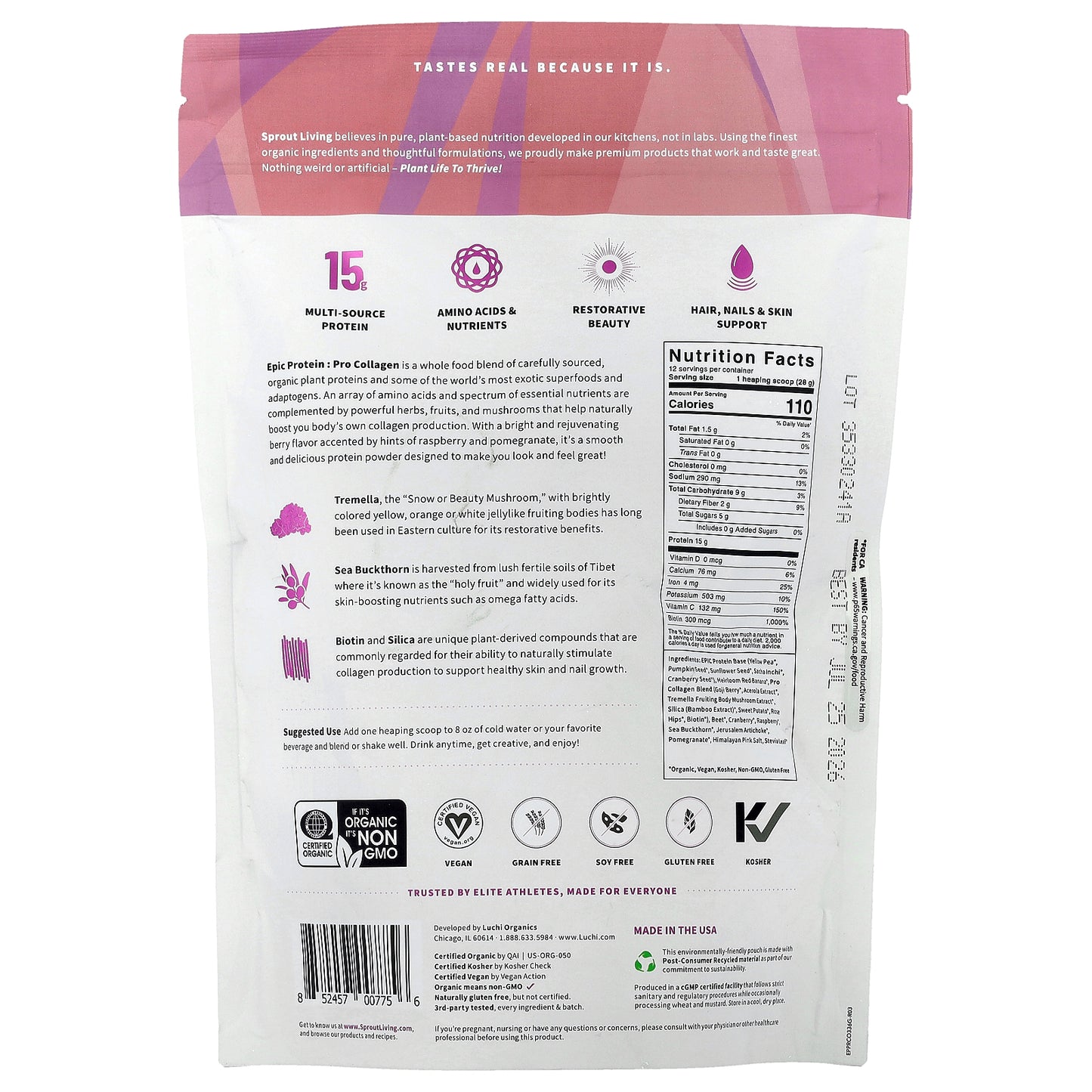 Sprout Living, Epic Protein®, Pro Collagen, Organic Plant Protein + Superfoods, 0.7 lb (336 g)