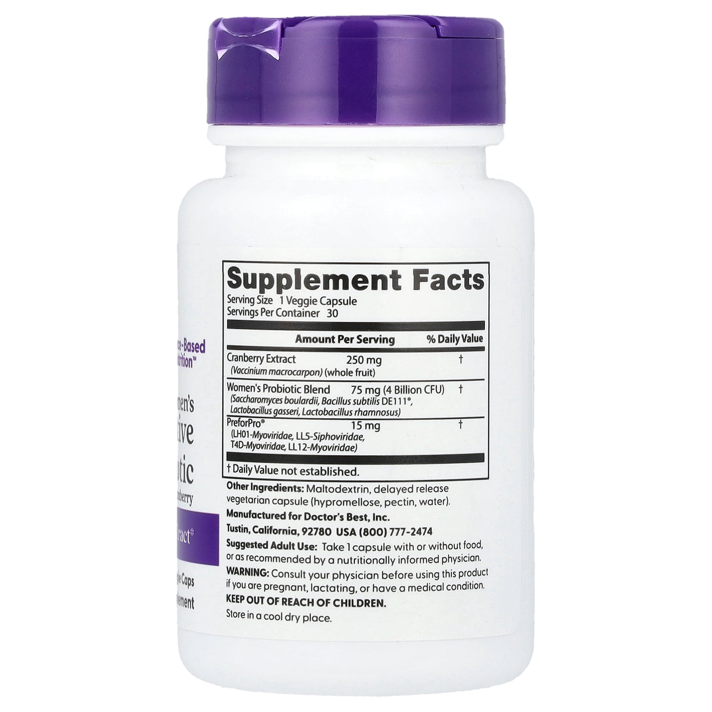 Doctor's Best, Women's Digestive Probiotic Prebiotic with Cranberry, 4 Billion CFU, 30 Veggie Caps