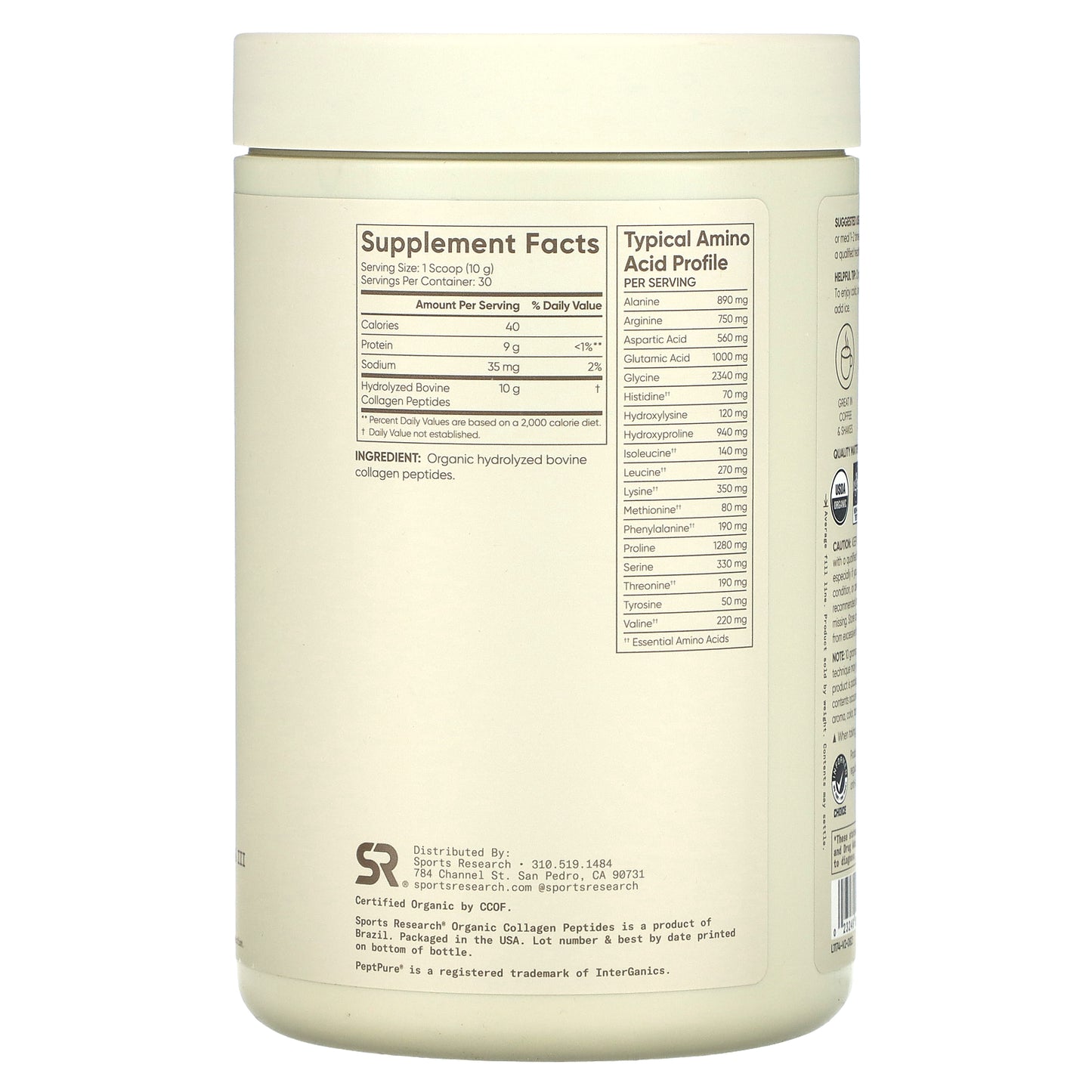 Sports Research, Organic Collagen Peptides, Unflavored, 10.58 oz (300 g)