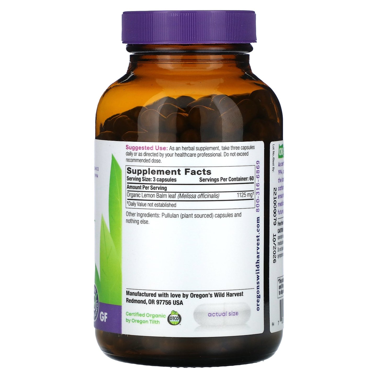 Oregon's Wild Harvest, Lemon Balm, 180 Vegan Capsules (375 mg per Capsule)