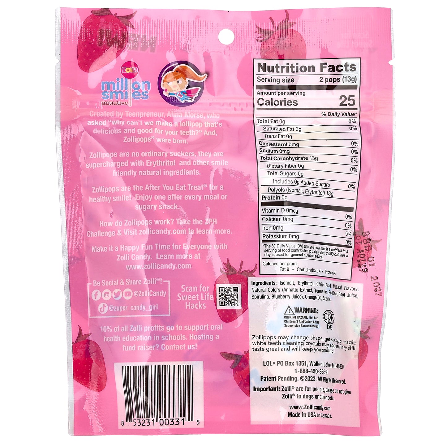 Zollipops, Suckers, Strawberry, 3.1 oz (88 g)