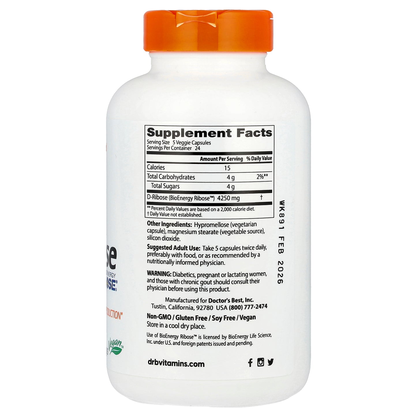 Doctor's Best, D-Ribose with BioEnergy Ribose®, 120 Veggie Caps