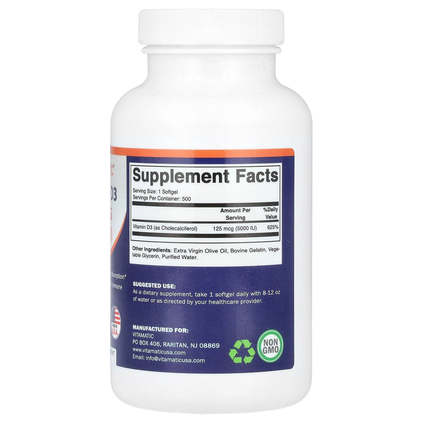Vitamatic, Vitamin D3, 125 mcg (5,000 IU), 500 Softgels