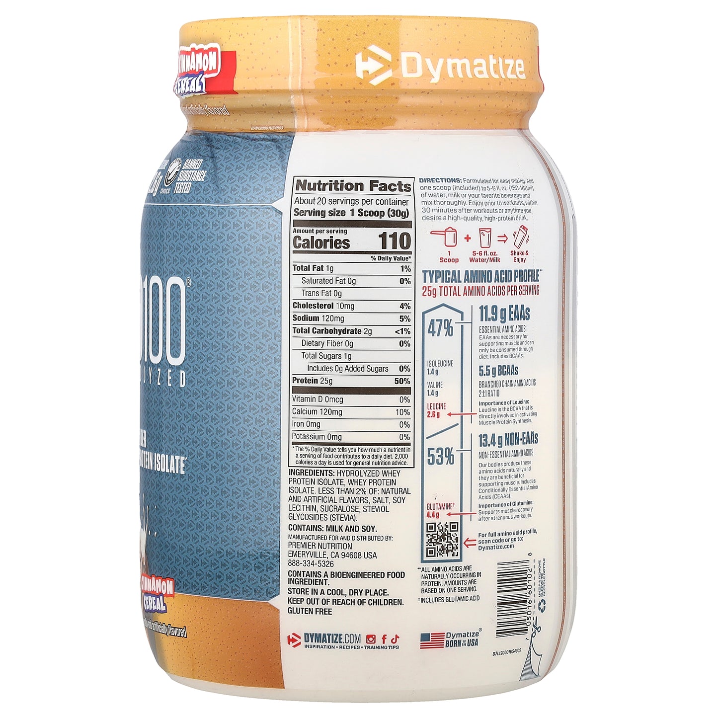 Dymatize, ISO100® Hydrolyzed, 100% Whey Protein Isolate, Cinnamon Cereal, 1.34 lb (610 g)