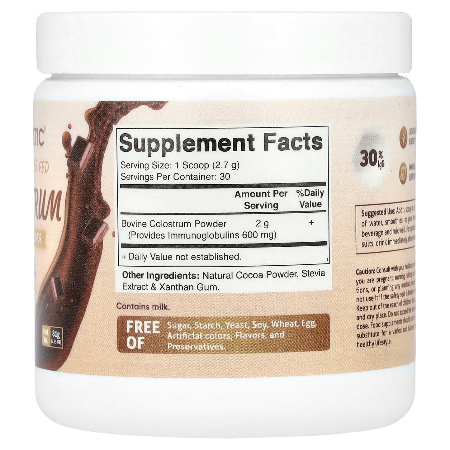 Vitamatic, Bovine Grass Fed Colostrum, Chocolate, 2.85 oz (81 g)